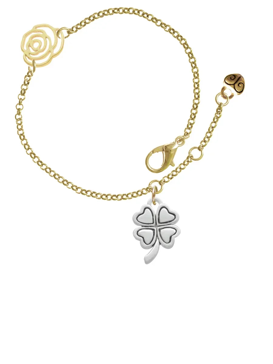 Delight Jewelry Sizeilvertone Antiqued Four Leaf Clover Gold-tone Rose Link Chain Bracelet, 6.25"+1.75" Extender