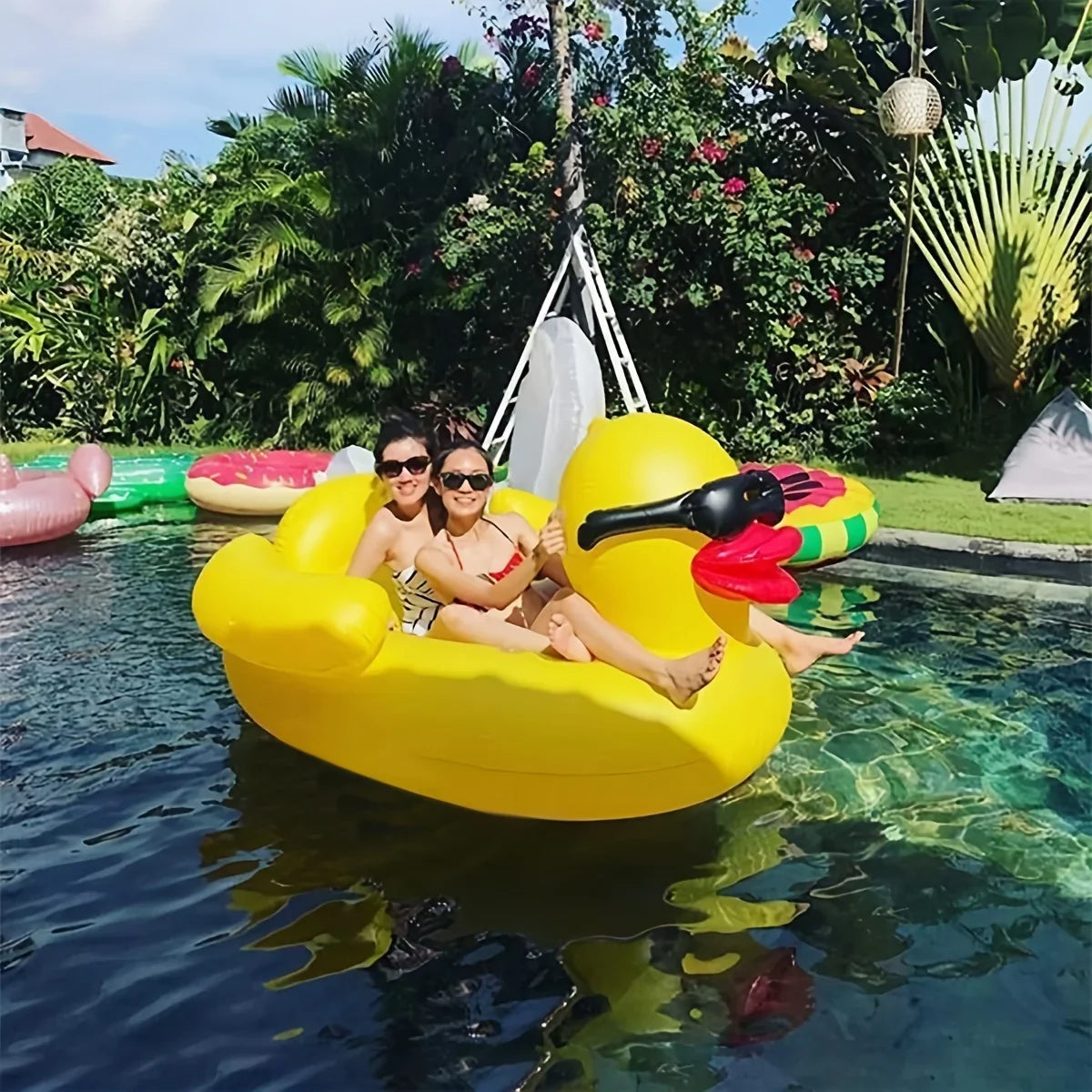 1pc Big Yellow Duck Floating Raft, PVC Inflatable Water Toy With Two Beverage Holders