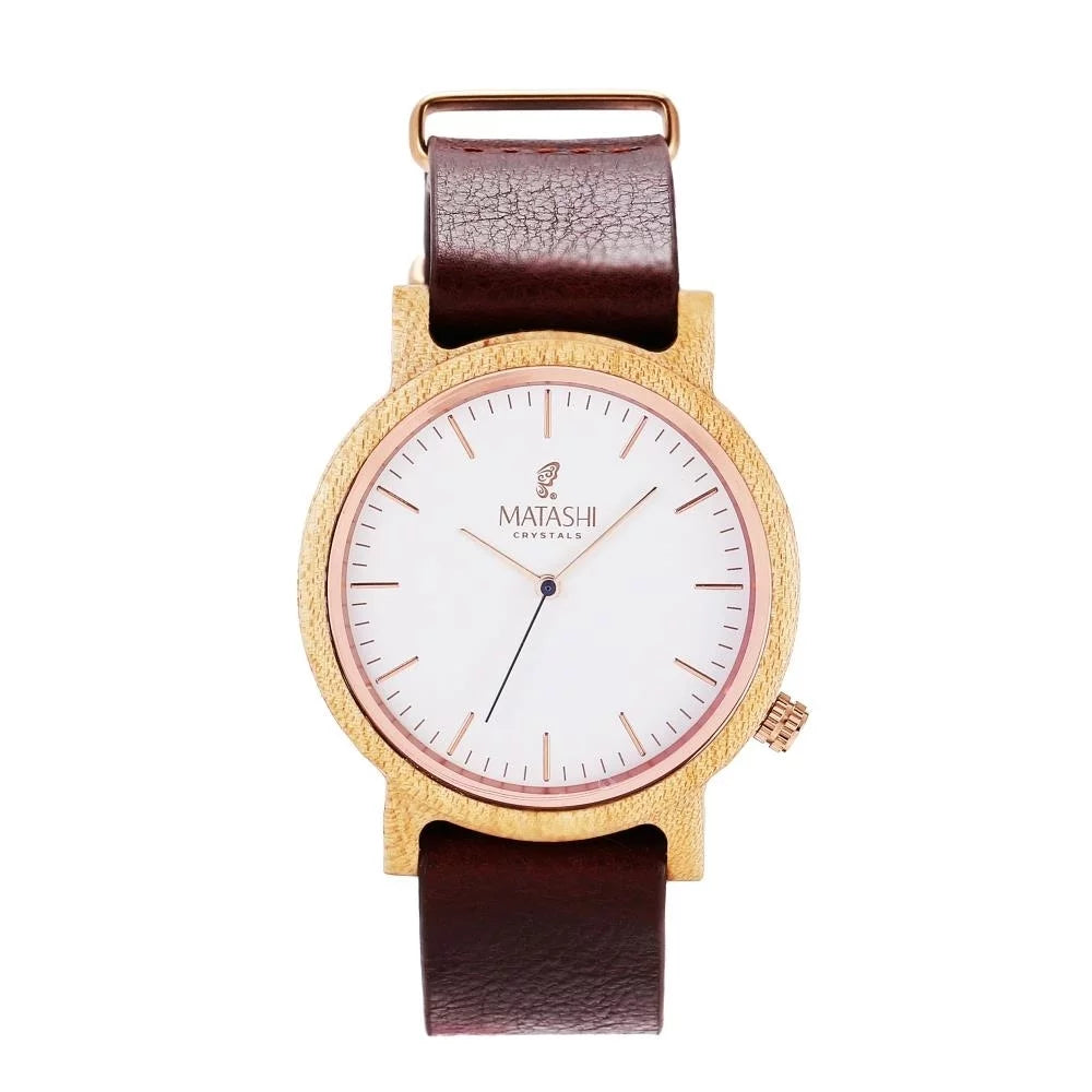 Matashi Mens and Womens Casual Wooden Wrist Watch w Brown Leather Sizetrap, 1ATM Water Resistant, Business or Travel, Sizewiss