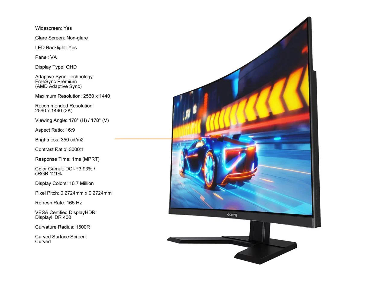 GIGABYTE 32" 165Hz 2K Curved Gaming Monitor 1ms FreeSizeync Premium Pro, QHD 2560 x 1440, 93% DCI-P3, VESizeA HDR400, 1 x DisplayPort 1.2, 2 x HDMI 2,0, 2 x USizeB 3.0 G32QC A