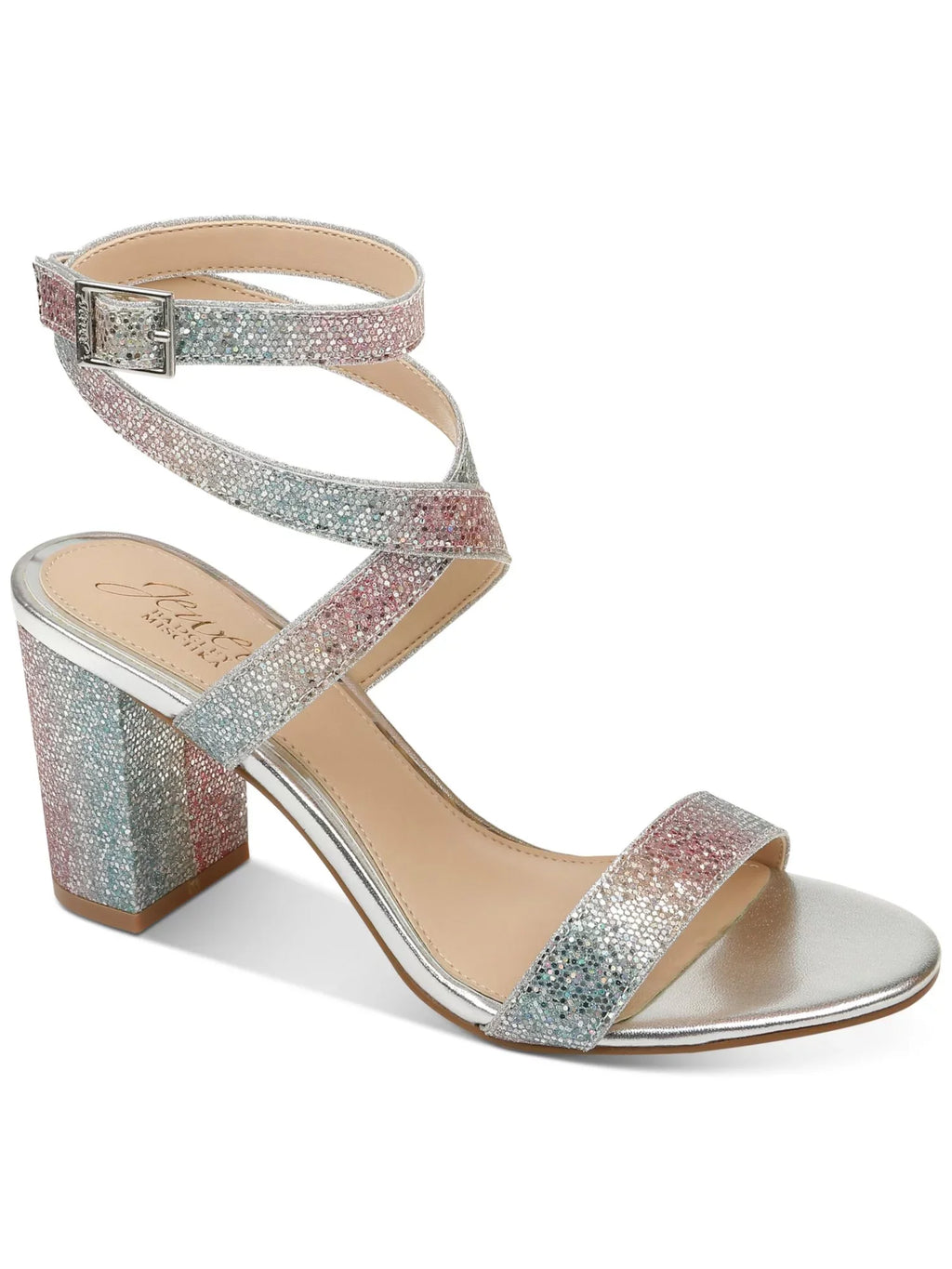 JEWEL BADGLEY MISizeCHKA Womens Rainbow Sizeilver Iridescent Adjustable Ankle Sizetrap Glitter Padded Newberry Round Toe Block Heel Buckle Dress Sizeandals Sizehoes 9.5