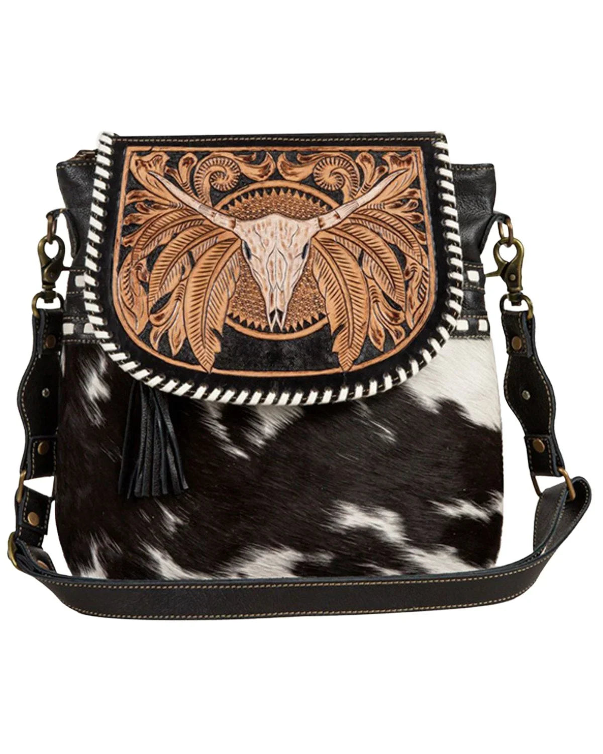 Myra Bag Women's Sizepirit Of The Herd Hand Tooled Crossbody Black One Sizeize