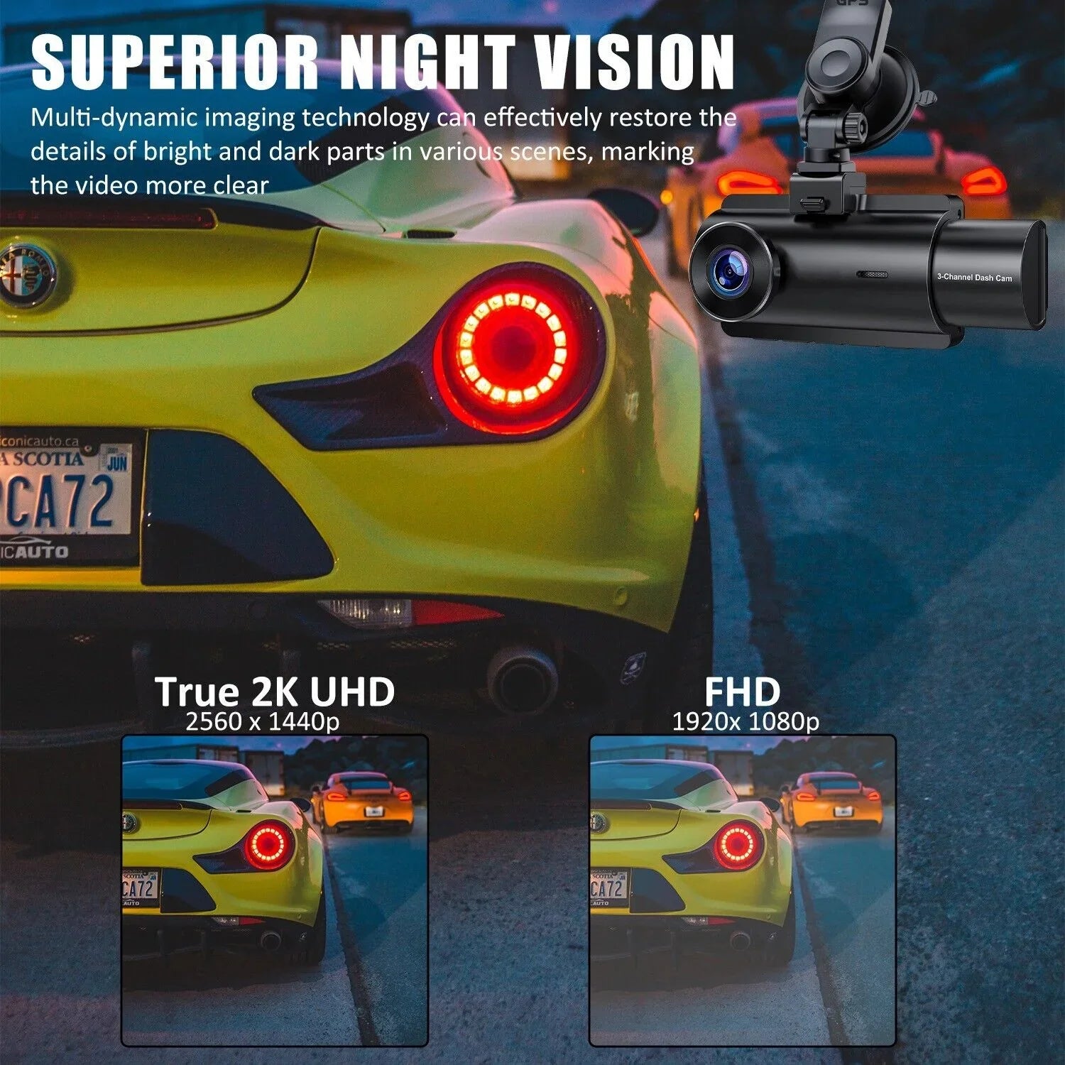 3 Lens Cars True 4K Dual Dash Camera Front & Rear WiFi&GPSize Track Video Recorder