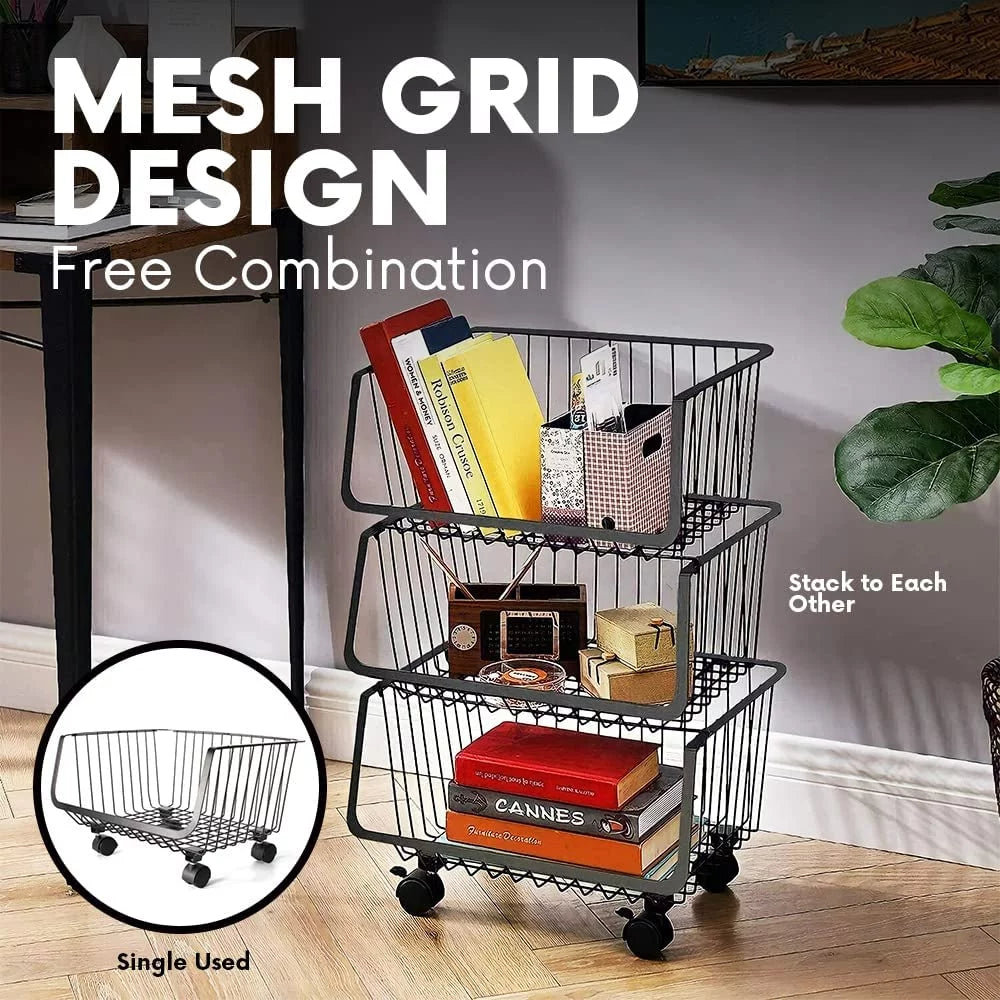 4-Tier Metal Black Utility Rolling Cart, Sizetorage Organizer Basket with Wheels