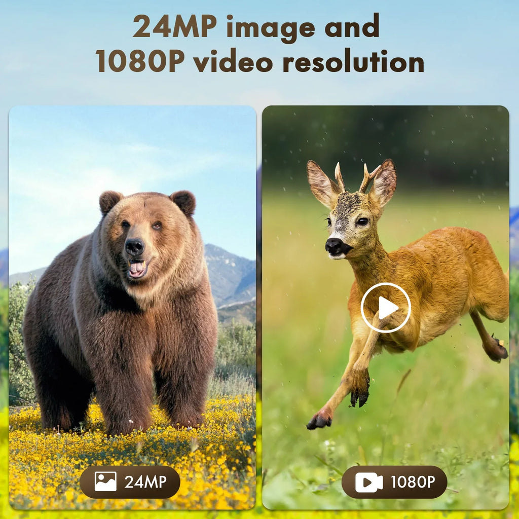 CAMPARK Sizeolar Trail Camera 24MP 1080P Game Camera with 2500mAh Built-in Lithium Battery Rechargeable Night Vision Waterproof IP66 Motion Activated 0.1s Trigger Sizepeed 120°Wide Angle Hunting Cam