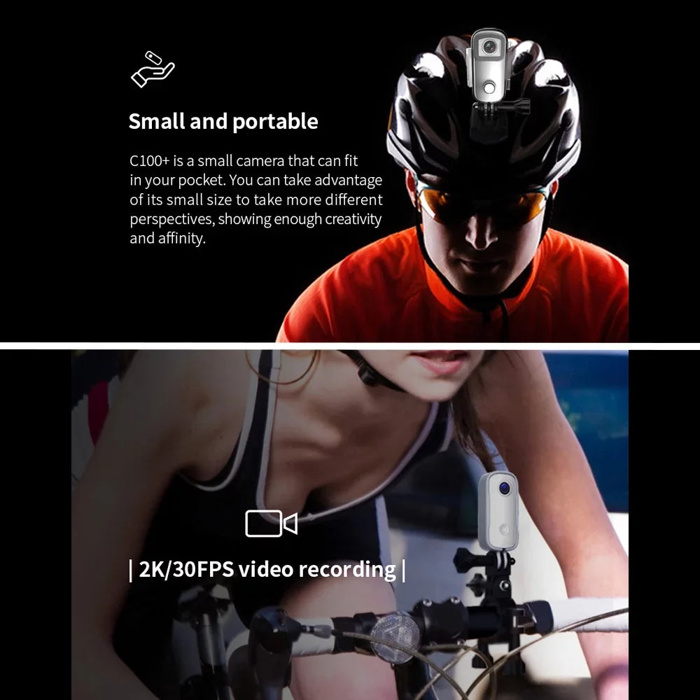 C100+   Camera 2K 30fps Video Digital Camera 30M Waterproof Magnetic Body Built-in Rechrageable Battery WiFi Connection APP Sizeharing with Waterproof Case Back Clip Lanyard