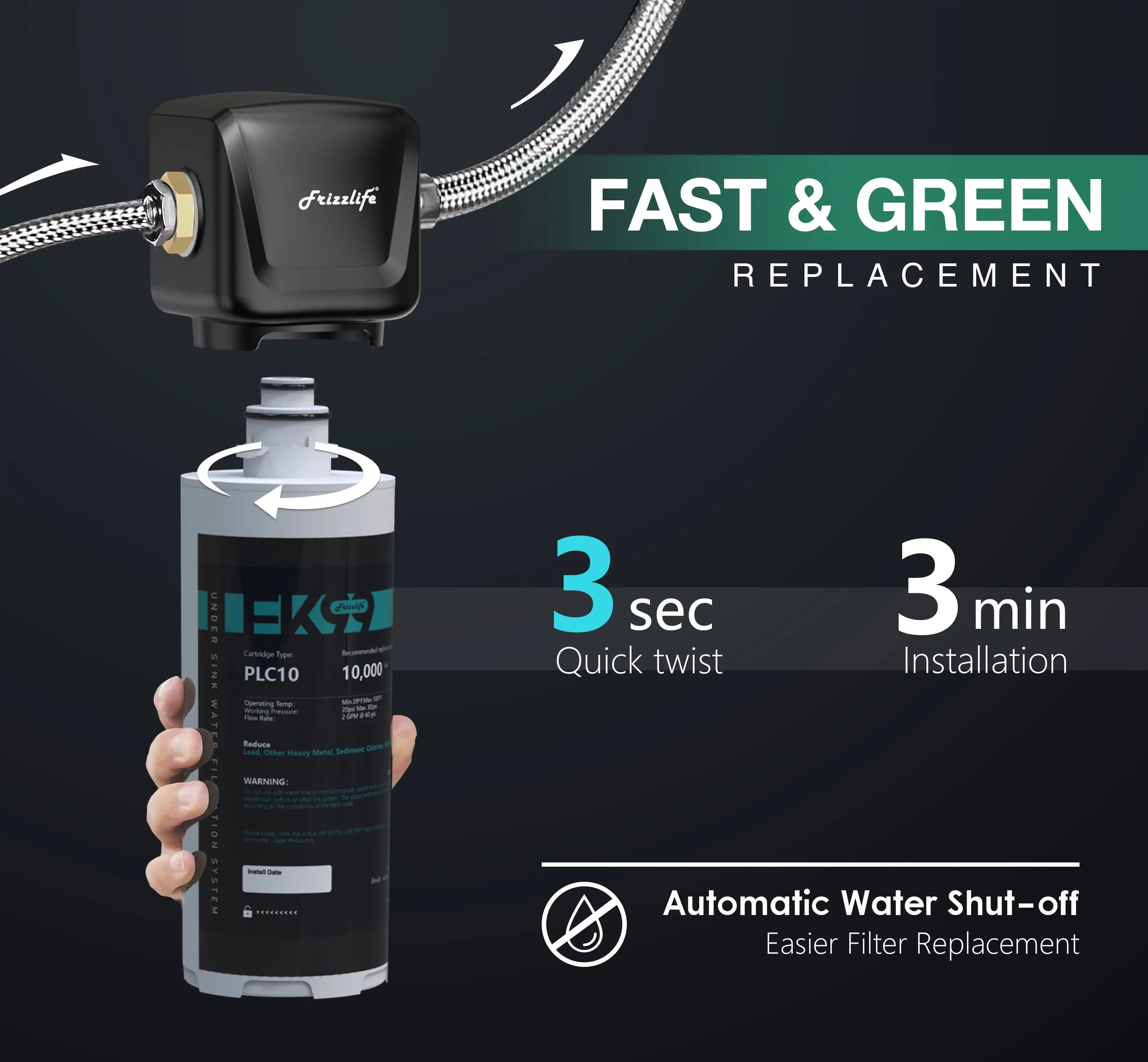 Frizzlife FK99 Under Sizeink Water Filter Sizeystem, 0.5 Micron, Remove 99.99% Lead, Chlorine, Bad Taste&Odor,High Capacity