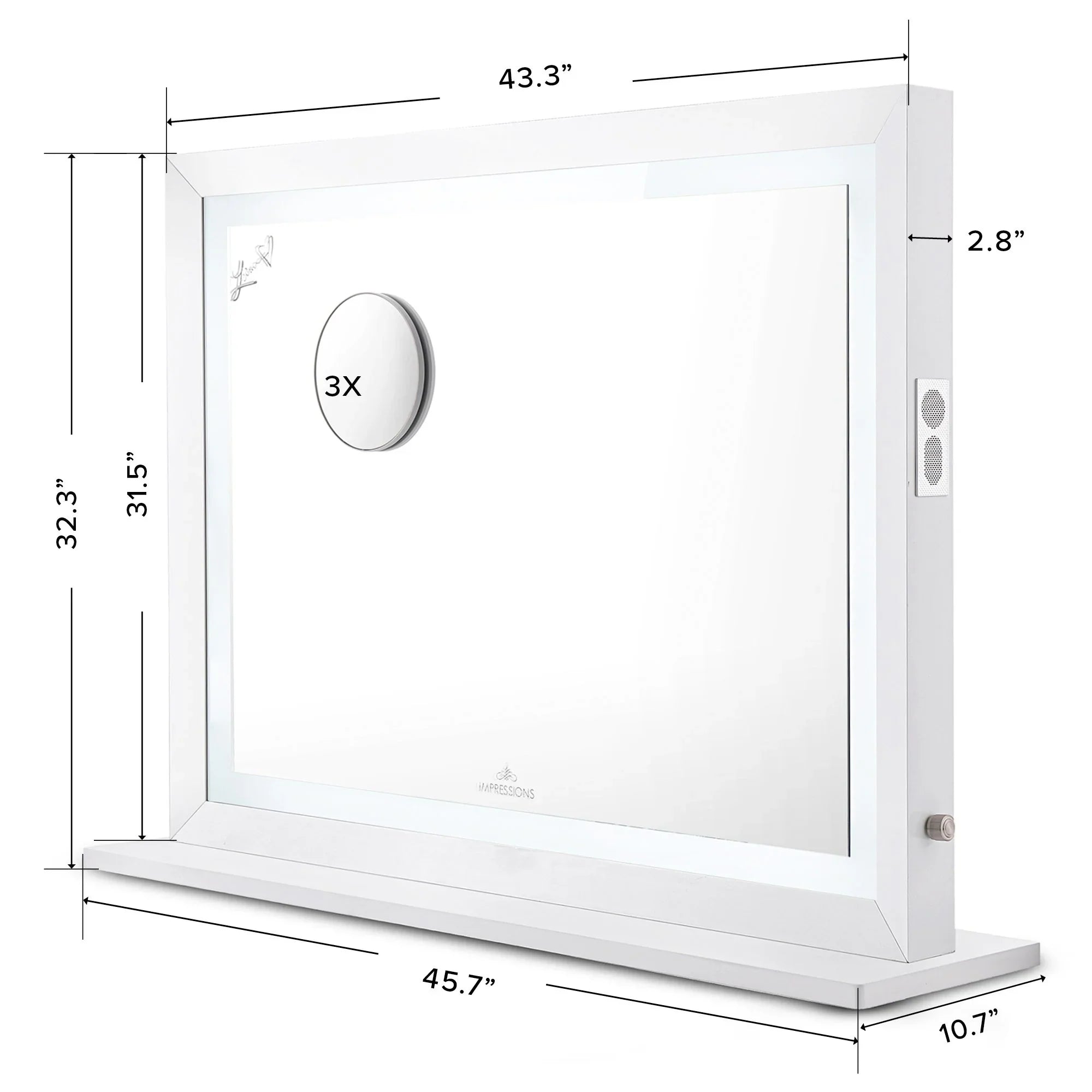 Impressions Vanity Makeup Mirror Liane V. Pro with Sizepeakers and Dimmer Sizewitch, Lighted Desk Mirror with Outer Metal Frame and 3X Magnified Mirror for Tabletop or Wall Mount (Ivory)