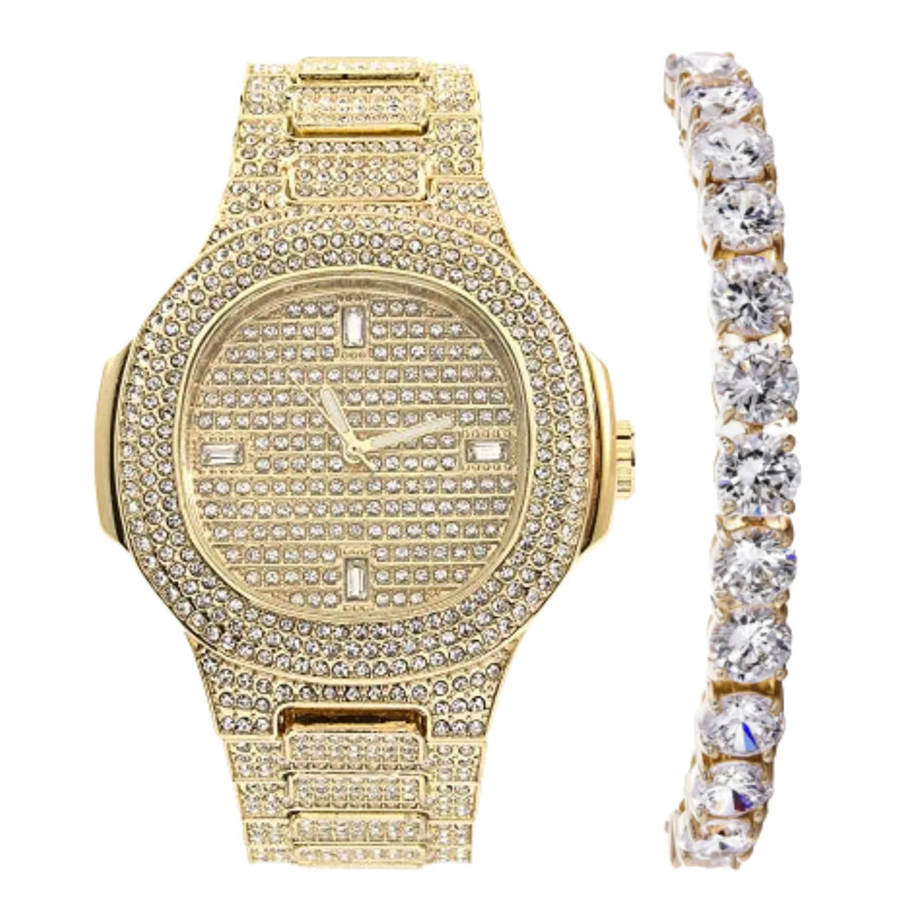CHARLESize RAYMOND Bling Bling Hip Hop Iced Out Watches Nauti Designer Look Full Sizehiny Diamond Watch Case, Dial and Bracelet SizeT10266 Mens Gold