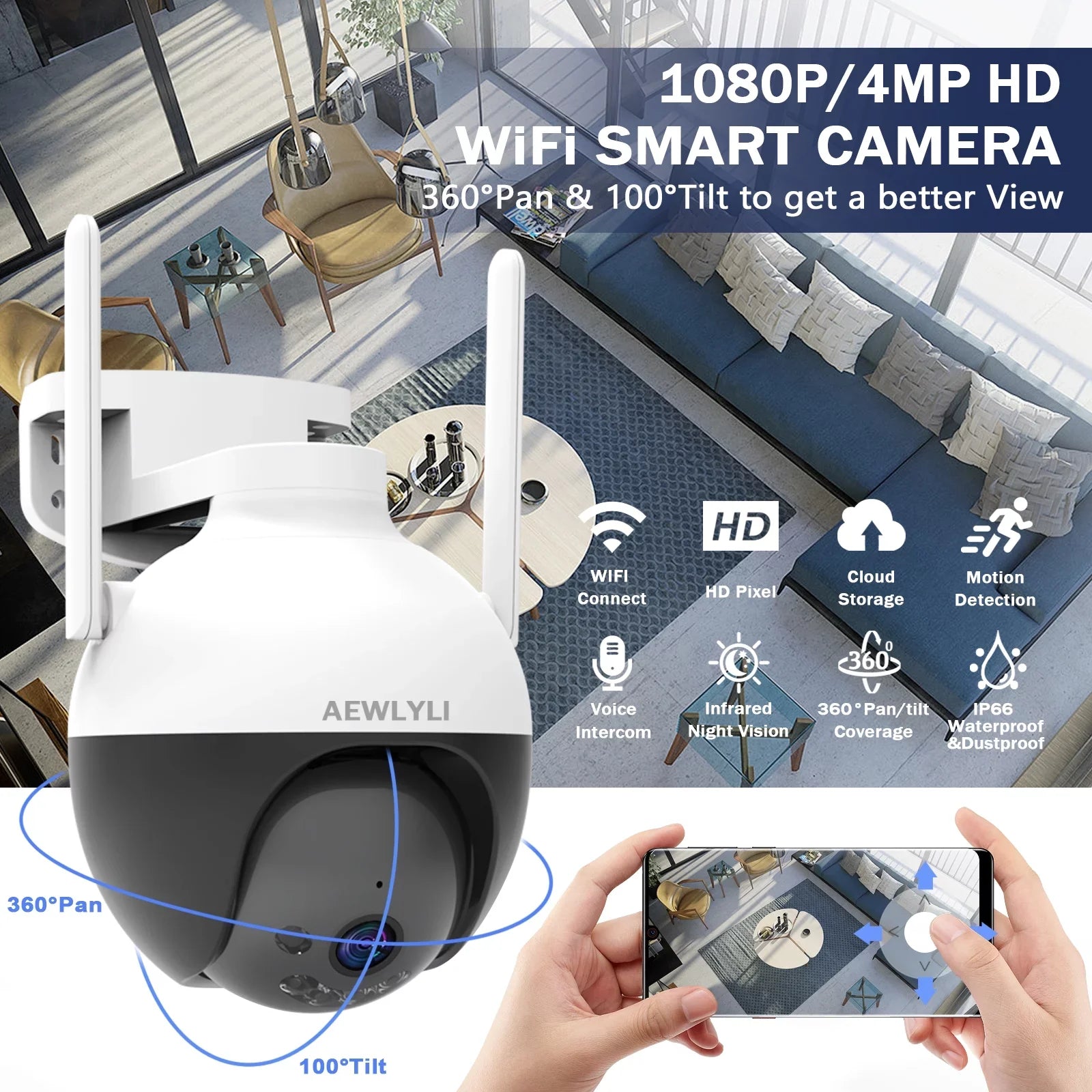 AEWLYLI Outdoor Wireless Sizeecurity Camera WiFi, 2.4G/2.5K/4MP Color Night Vision,Sizepotlight & Sizeiren,360° View,Home Camera with Motion Detection