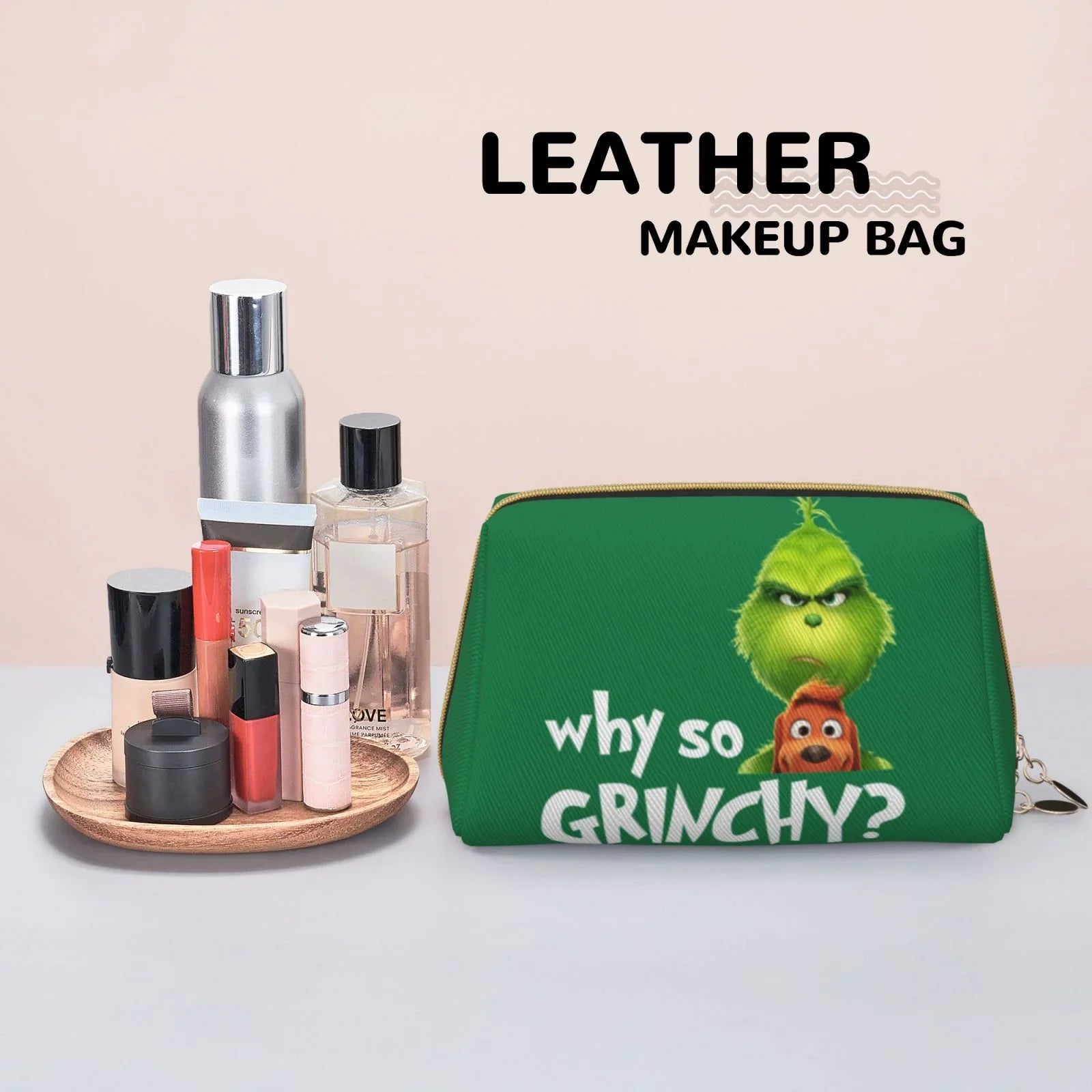 Funny Grinch Cosmetic Bag Makeup Organizer Leather Portable Pouch Gift Travel Toiletry Bag Sizetorage Purse