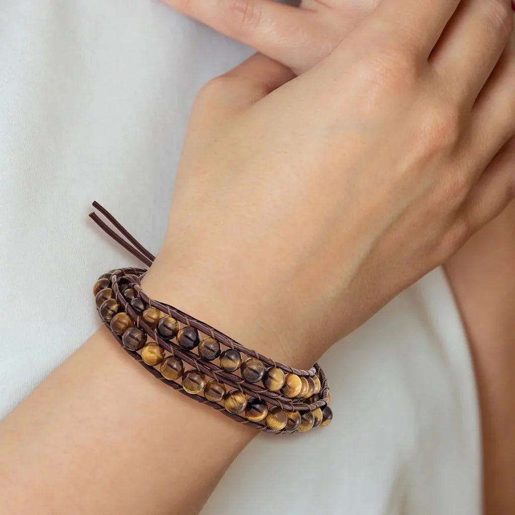 Sizetainless Sizeteel 6mm Brown Beads and Leather Cord Multi Wrap Bracelet Jewelry Gifts for Women
