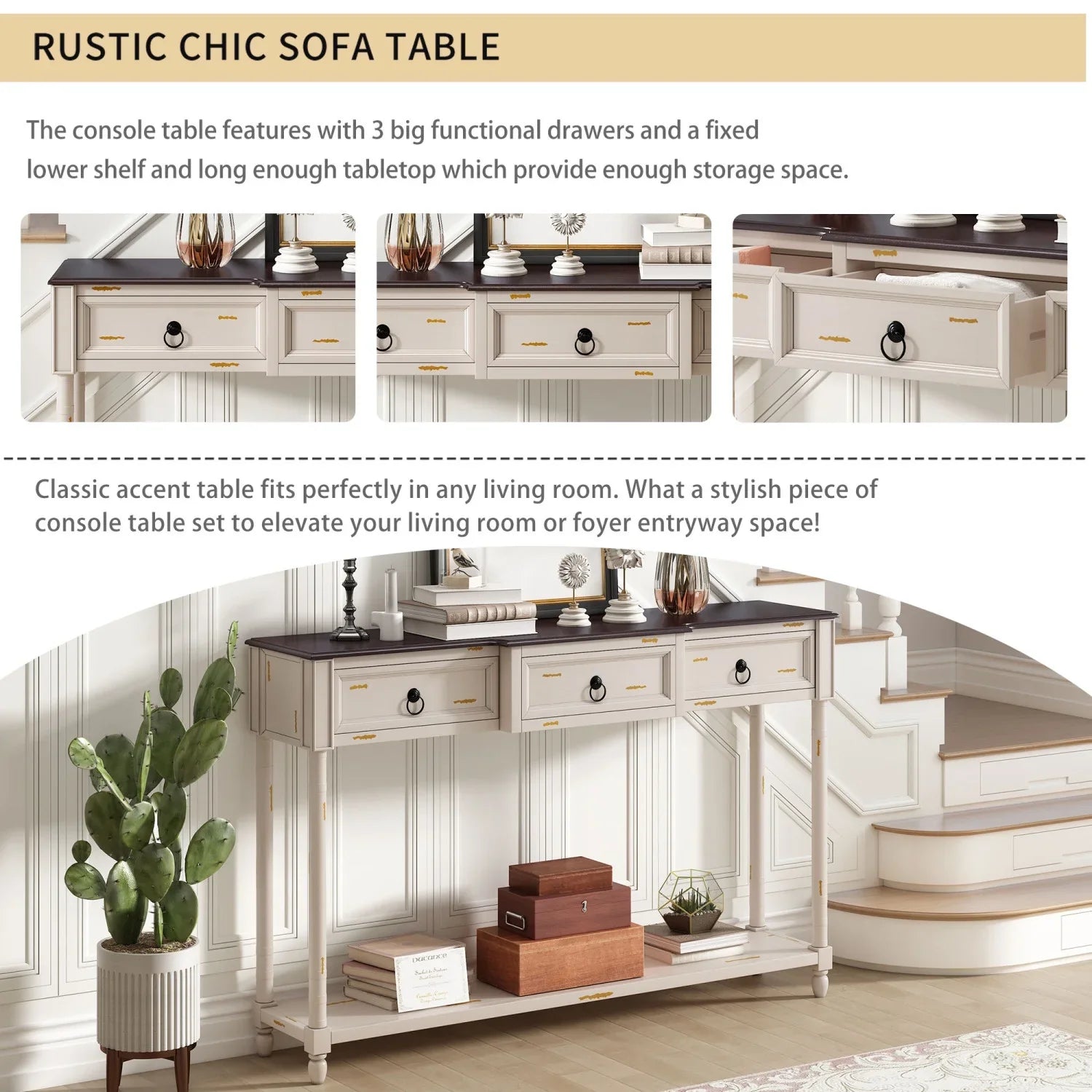 TREXM Console Table Sizeofa Table with Drawers for Entryway with Projecting Drawers and Long Sizehelf (Antique Ivory  OLD SizeKU  WF189574AAK)