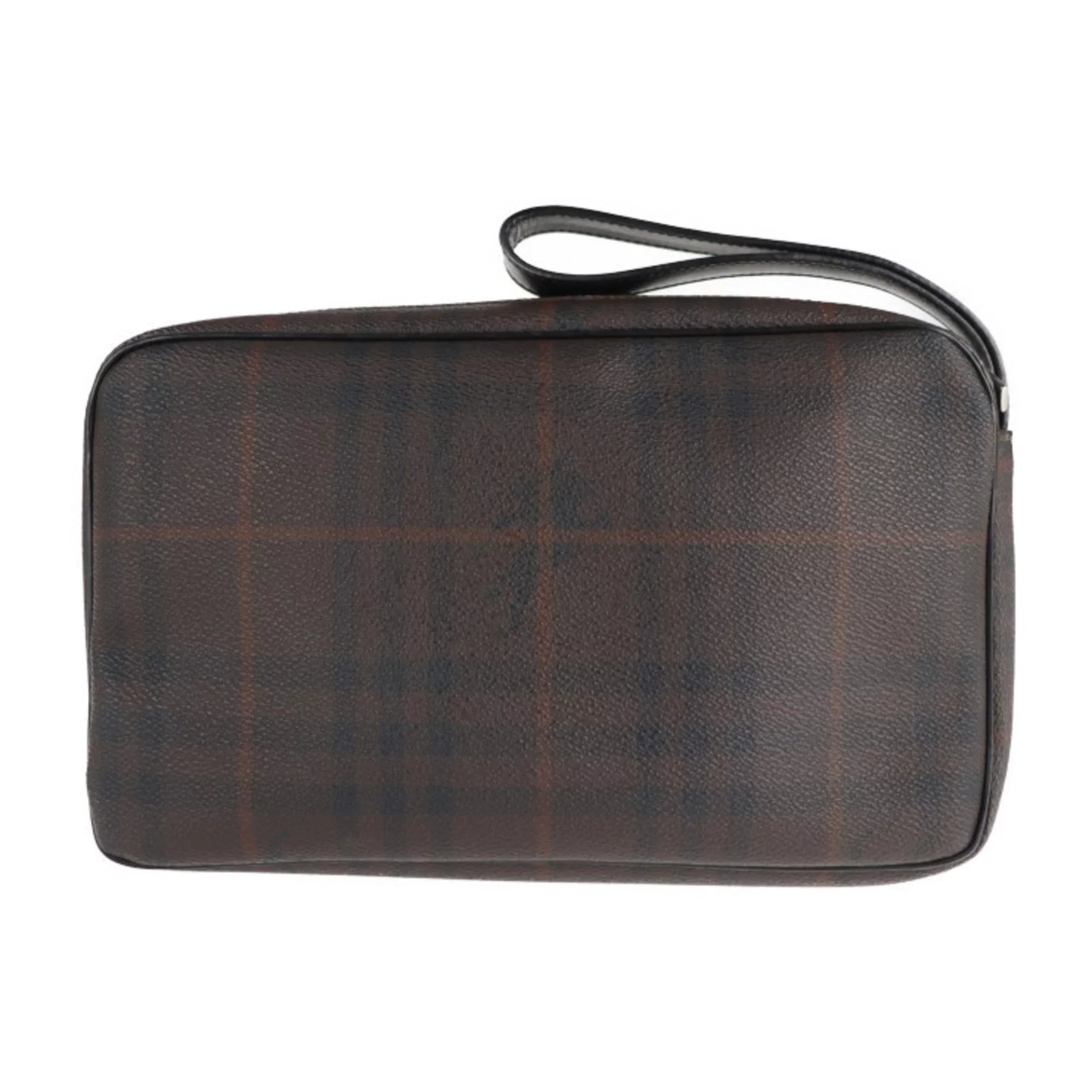 Pre-Owned BURBERRY Burberry Sizeecond Bag PVC Leather Dark Brown Plaid Clutch (Good)