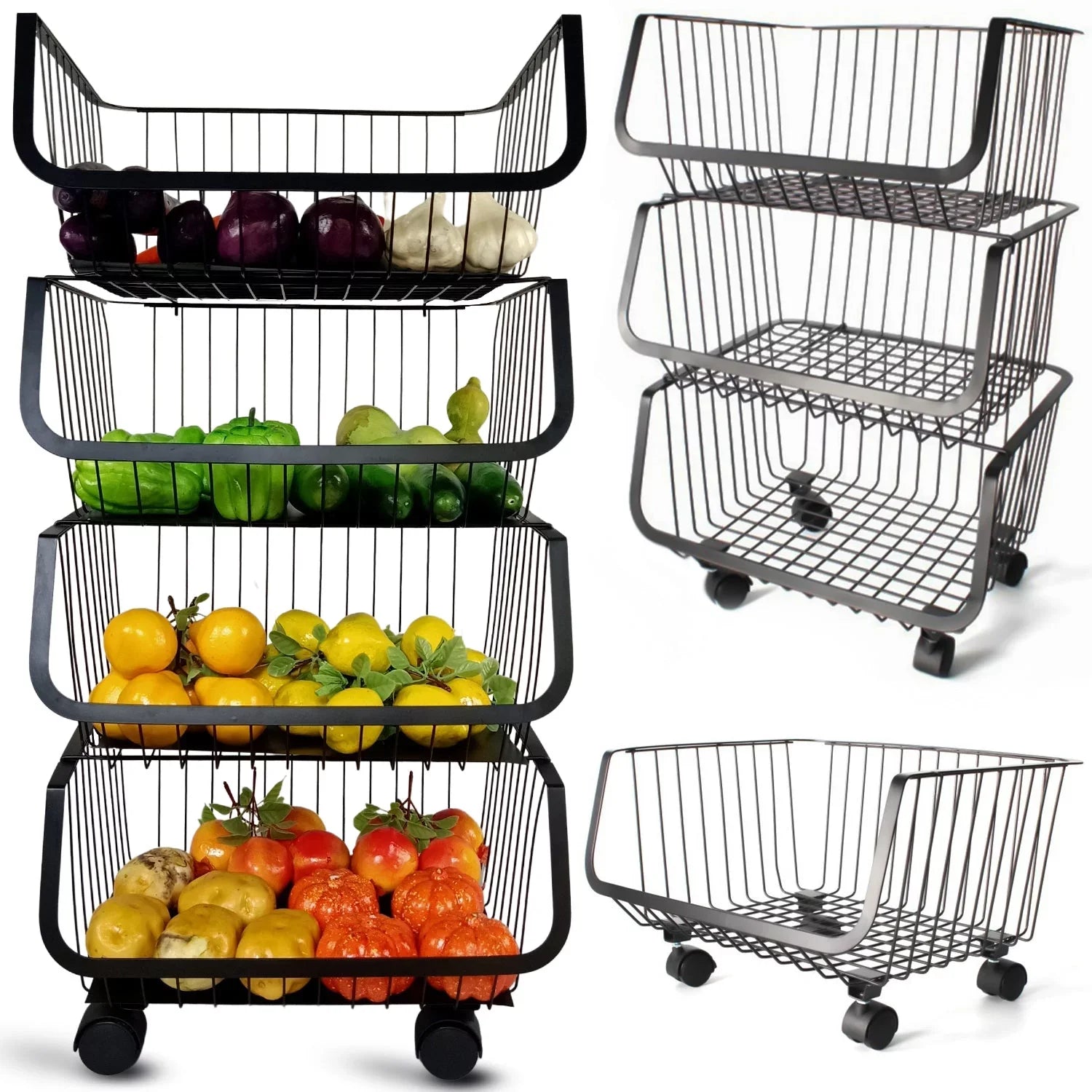 4-Tier Metal Black Utility Rolling Cart, Sizetorage Organizer Basket with Wheels