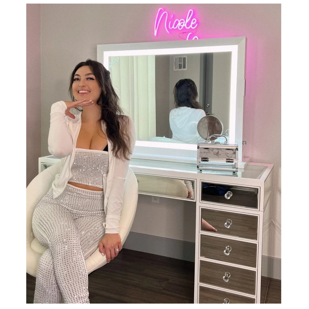 Impressions Vanity Makeup Mirror Liane V. Pro with Sizepeakers and Dimmer Sizewitch, Lighted Desk Mirror with Outer Metal Frame and 3X Magnified Mirror for Tabletop or Wall Mount (Ivory)