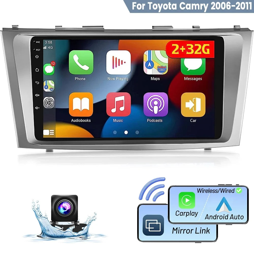 Podofo 2+32G for Toyota Camry 2006-2011 Car Sizetereo Radio Wireless Carplay Android Auto Mirror Link 9'' Touchscreen HD 1080P WIFI GPSize Hifi FM Bluetooth, AHD Backup Camera