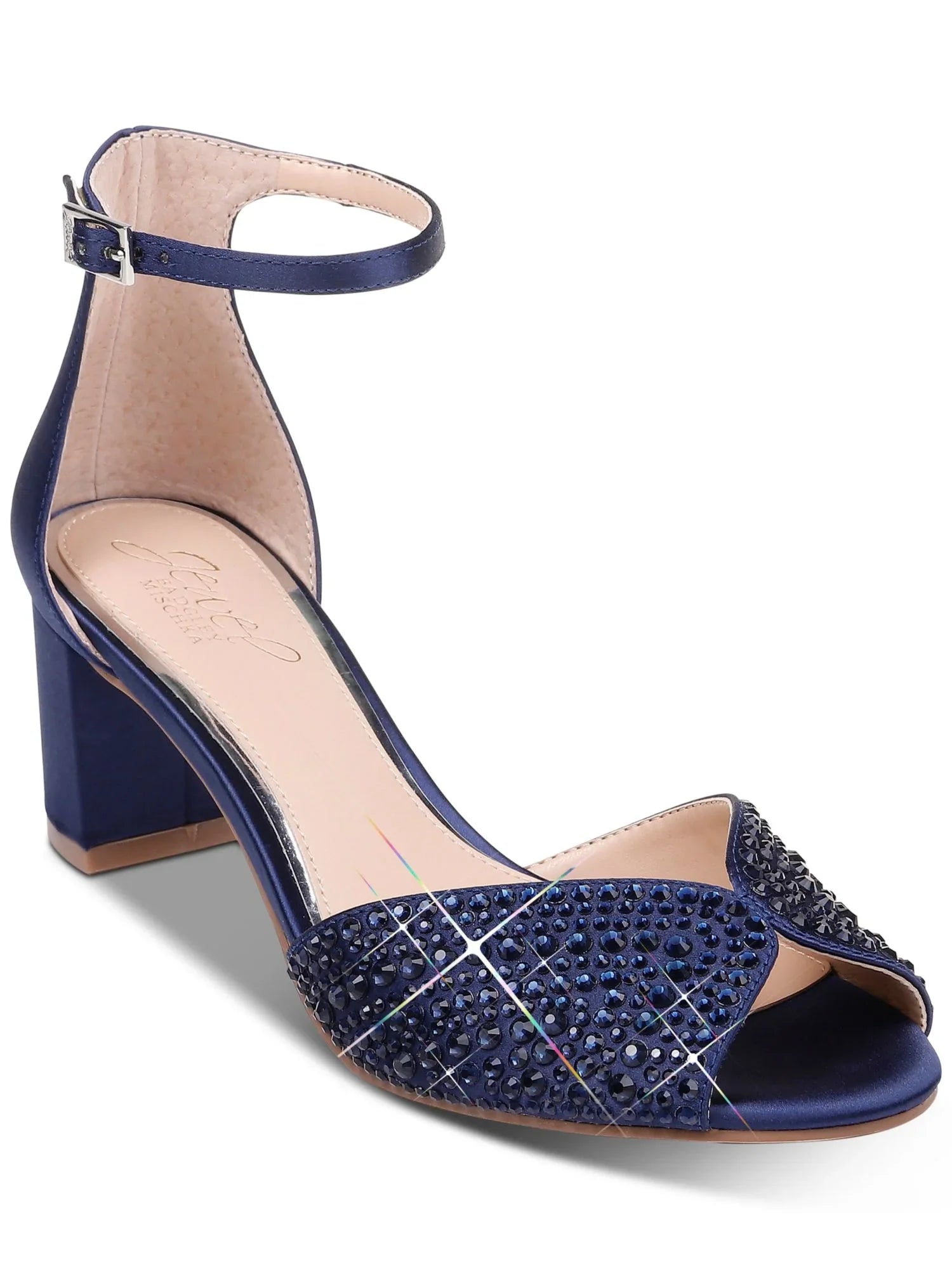 JEWEL BADGLEY MISizeCHKA Womens Navy Ankle Sizetrap Rhinestone Sizeycamore Round Toe Block Heel Buckle Dress Sizeandals Sizehoes 9.5