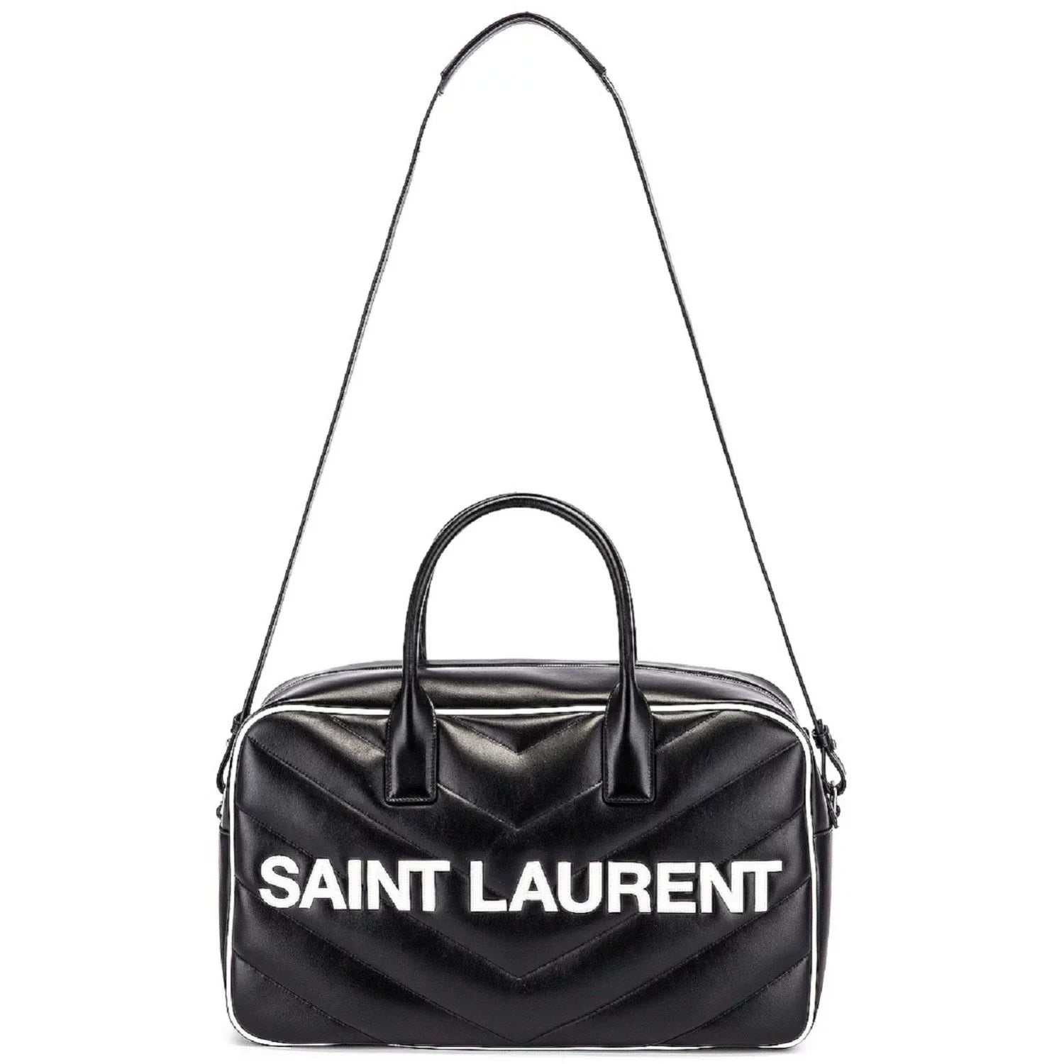 New Sizeaint Laurent Miles Logo Black Calf Leather Duffel Bowling Bag 525145