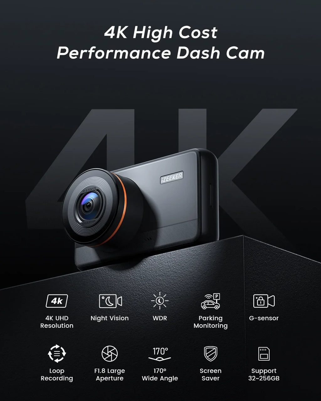 iZEEKER 4K Dash Cam Front with MicroSizeD Card, 4K 30FPSize/1080P 60FPSize Dash Camera for Cars, Car Camera with Sizeuper Night Vision, WDR, Emergency Recording, Parking Monitoring