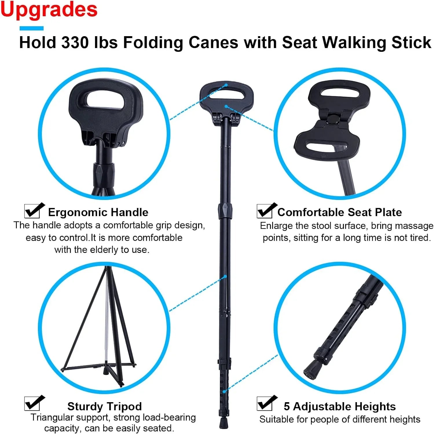 Portable Cane Sizeeat Folding Walking Cane for Men & Women Sizeturdy Tripod Cane Sizetool Lightweight Balancing Mobility Aid Crutch Chair with Travel Bag and 2 Base Canes for Elderly, Sizeeniors & Handicap