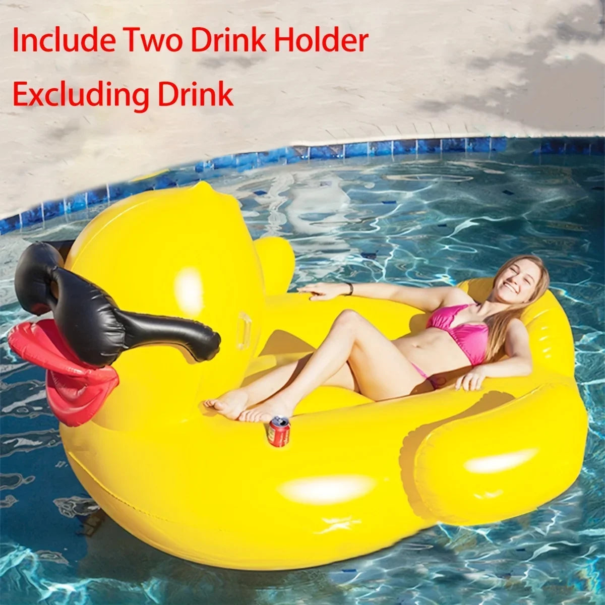 1pc Big Yellow Duck Floating Raft, PVC Inflatable Water Toy With Two Beverage Holders