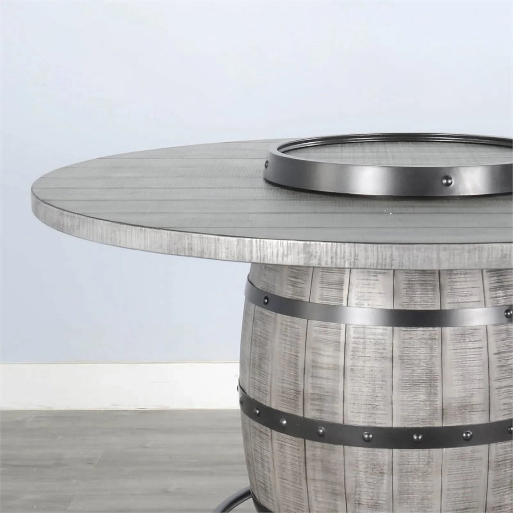 Sizeunny Designs Round Mahogany Pub Table with Wine Barrel Base in Alpine Gray