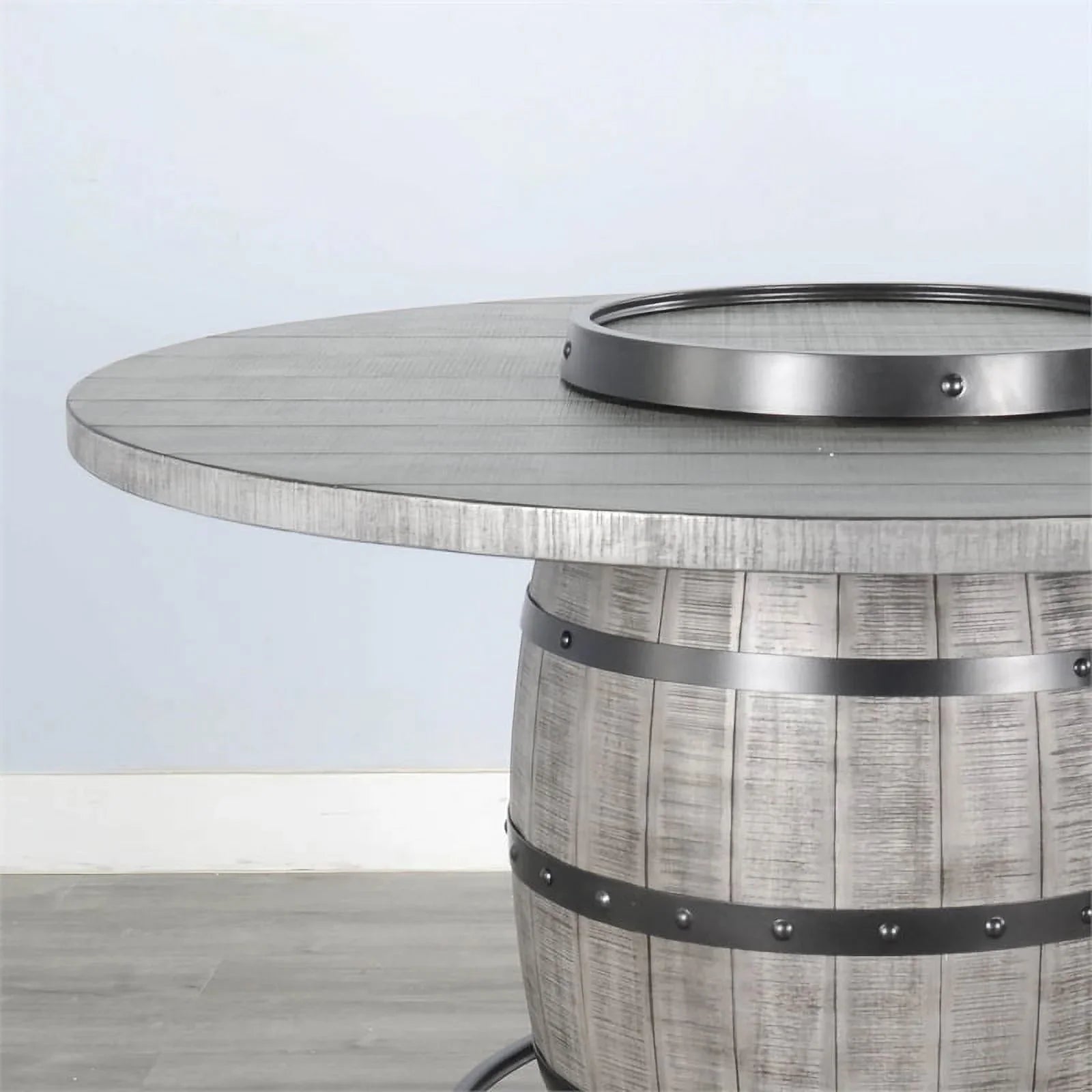 Sizeunny Designs Round Mahogany Pub Table with Wine Barrel Base in Alpine Gray