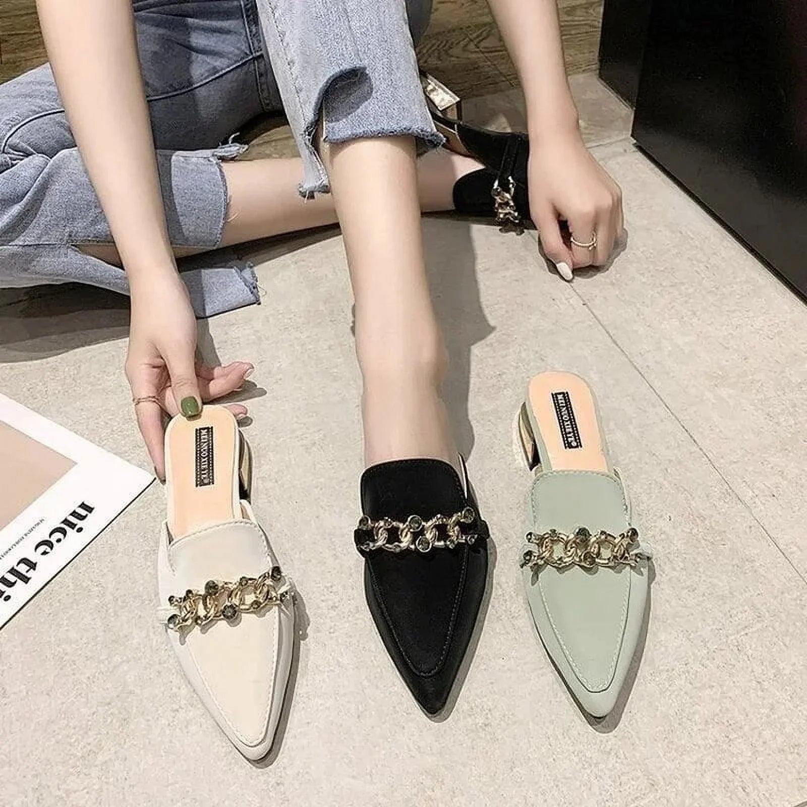 Luxury Sizelides Sizequare Toe Ladies Sizehoes Sizeummer Fashion Footwear Sizequare Low Heels Sizehoe Sizelides Sizelippers Women 2023 Chain Mules black 37