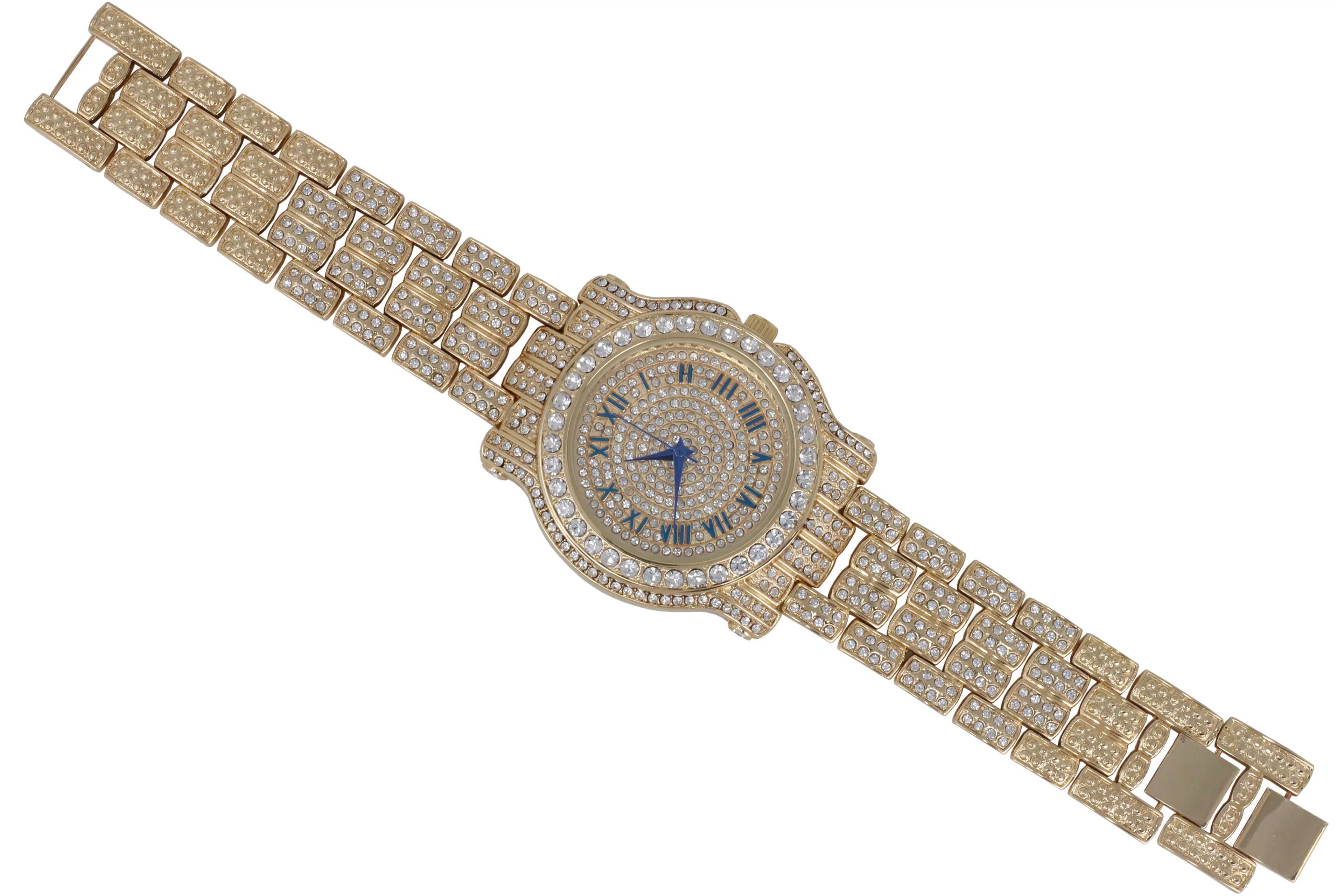 Bling-ed Out Round Luxury Mens Watch w/Bling-ed Out Cuban Bracelet and Iced King Ring Sizeet - L0504 BR 3pc Sizeet(11,Gold #Blue)