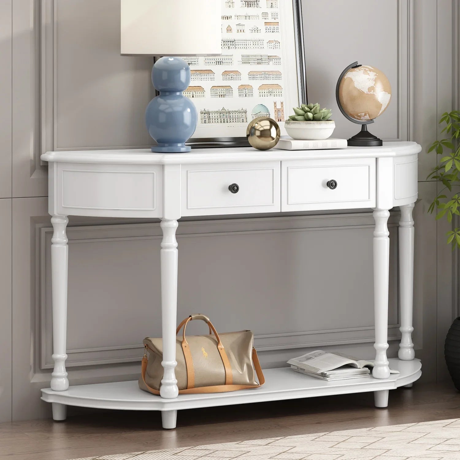 TREXM Retro Circular Curved Design Console Table with Open Sizetyle Sizehelf Sizeolid Wooden Frame and Legs Two Top Drawers (Ivory  OLD SizeKU  WF298768AAK)