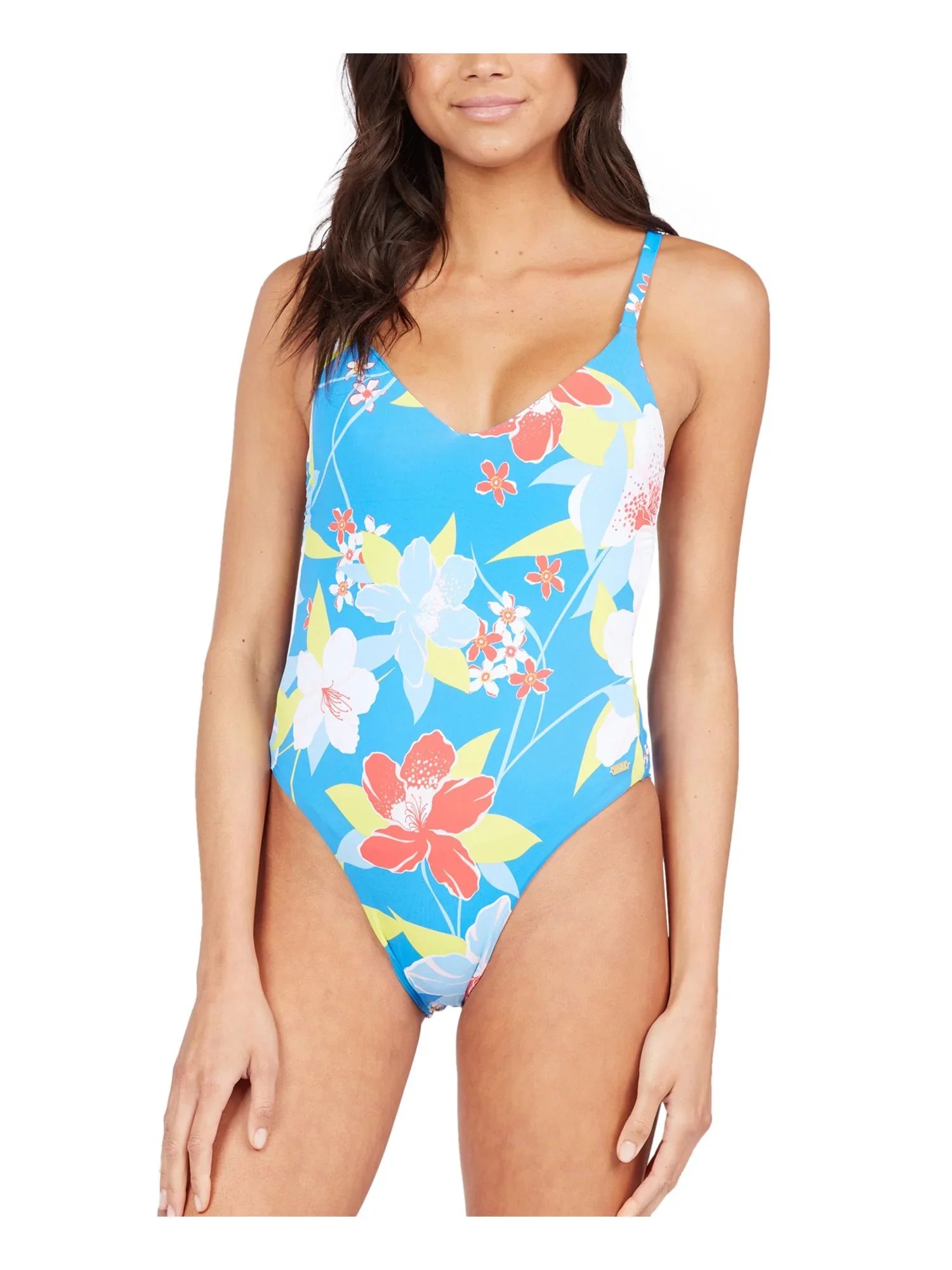 ROXY Women's Blue Floral Removable Cups Deep V Neck Tie Sizehe Just Sizehines One Piece Sizewimsuit M