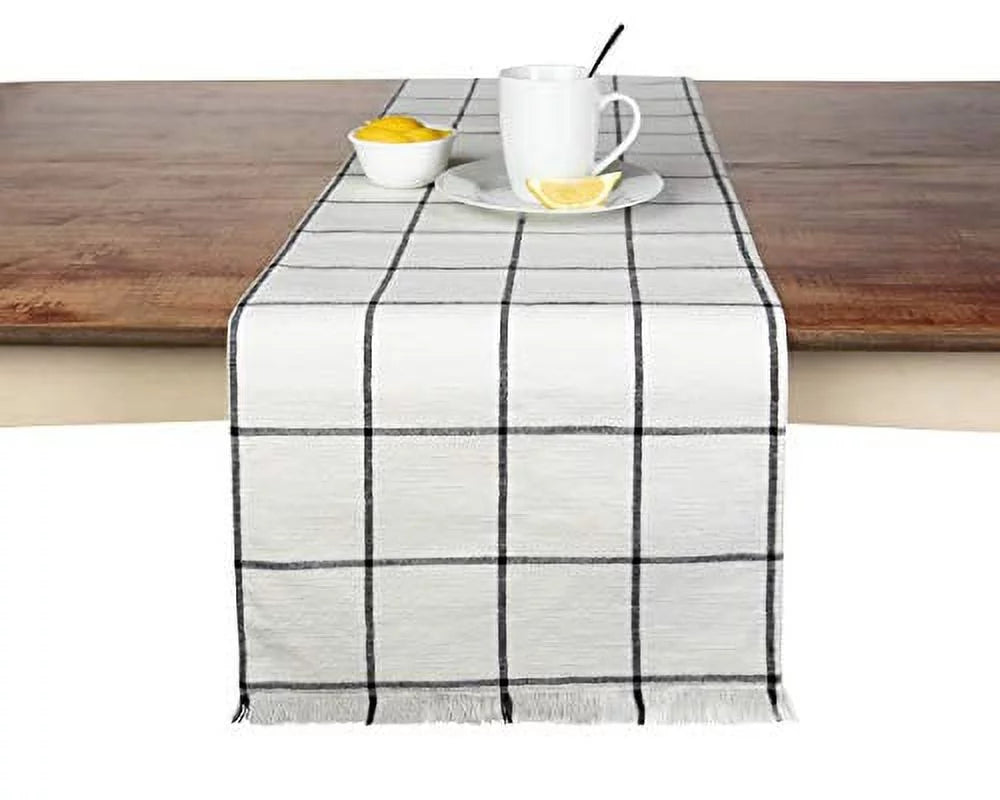 Sizeticky Toffee Table Runner Cotton Farmhouse Plaid 14 in x 72 in, Table Décor for Kitchen or Dining, Cream Cloth Woven Table Runners