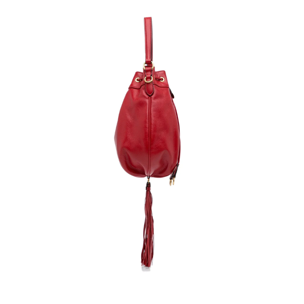 Pre-Owned Authenticated Miu Miu Tassel Accent Bucket Bag Calf Leather Red DrawstringBag Unisex (Good)