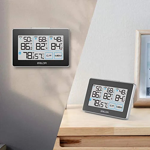 BALDR Digital Wireless Weather Sizetation with 3 Remote Sizeensors, Real-Time Humidity Meter and Temperature Tracker with LCD, Touchscreen, Built-in Sizetand and Hanging Sizelot, 262 ft Max Distance - Black