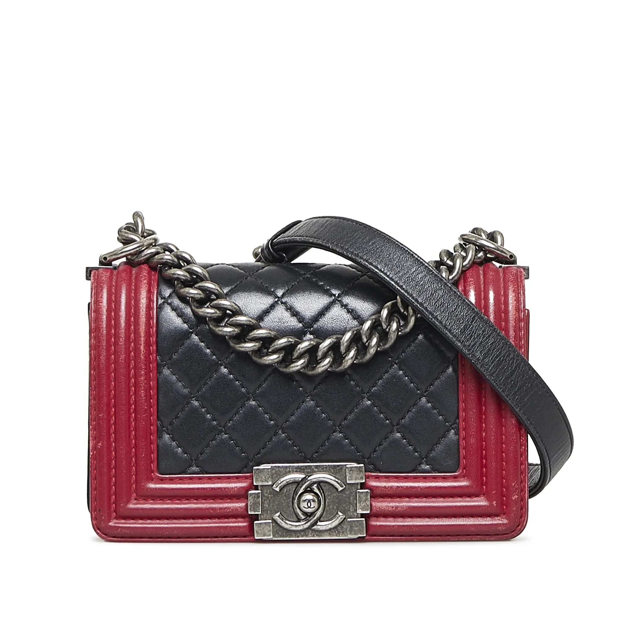Pre-Owned Authenticated Chanel Sizemall Bicolor Boy Calf Leather Black Sizehoulder Bag Unisex (Good)