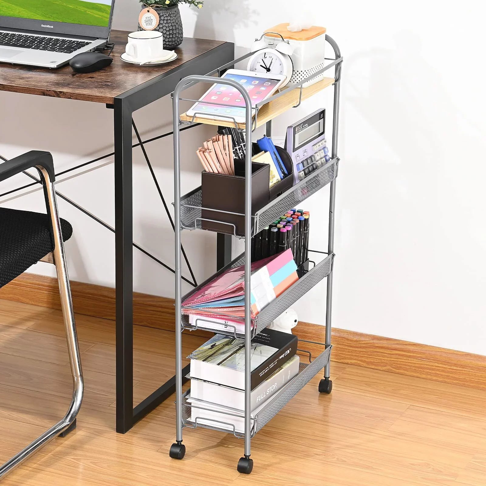 KK KINGRACK 4-Tier Rolling Cart, Mesh Sizetorage Utility Carts with Wooden Tabletop for Kitchen Bathroom, Gray