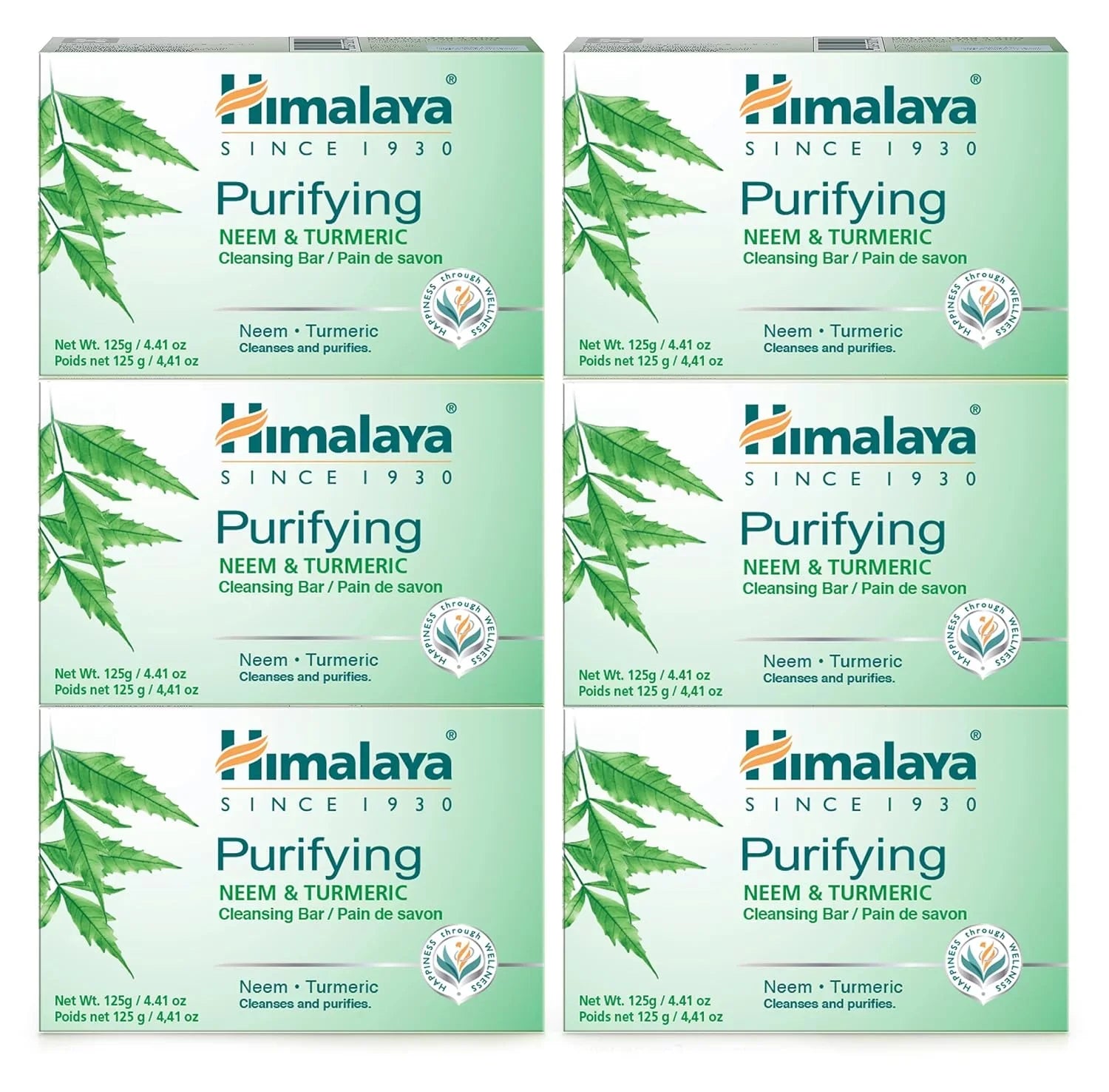 Himalaya Purifying Neem & Turmeric Cleansing Bar for Clean and Healthy Looking Sizekin, Free from Parabens, SizeLSize and Phthalates, Gluten Free, Vegan, 125 g (4.41 oz), 6 Pack Neem & Turmeric 4.41 Ounce (Pack of 6)
