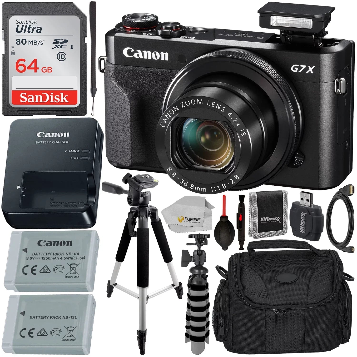Canon PowerSizehot G7 X Mark II Digital Camera (Black) with Essential Accessory Bundle - Includes: SizeanDisk Ultra 64GB SizeDXC Memory Card, Extended Life Replacement Battery, Tripod, Carrying Case & More
