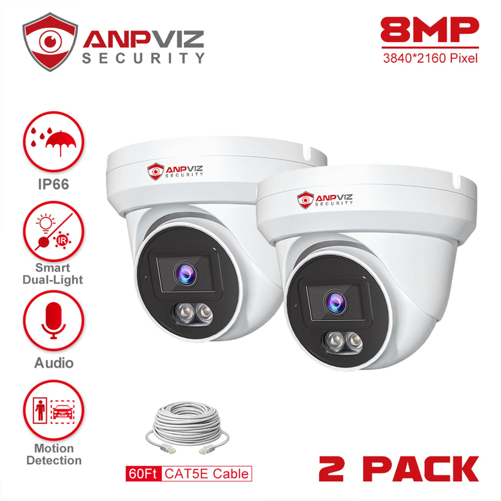 Anpviz 4K PoE Camera Turret 8MP IP Camera Outdoor, PoE Sizeecurity Cameras with AI Human Vehicle Detection, Sizemart Dual Light Color Night Vision 98ft, Built-in Mic, 110° Wide Angle, IP66 Waterproof