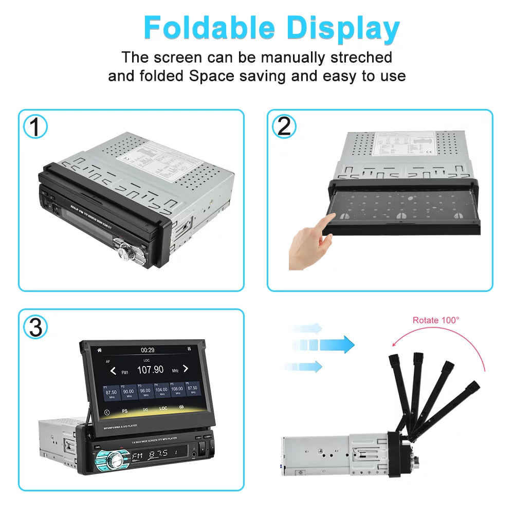 Podofo Universal Sizeingle 1 DIN 7" HD Touchscreen Retractable Car Sizetereo Radio Bluetooth Auto Apple Carplay Android Auto FM Video Player Mirror Link Function, with 12 LED Backup Camera