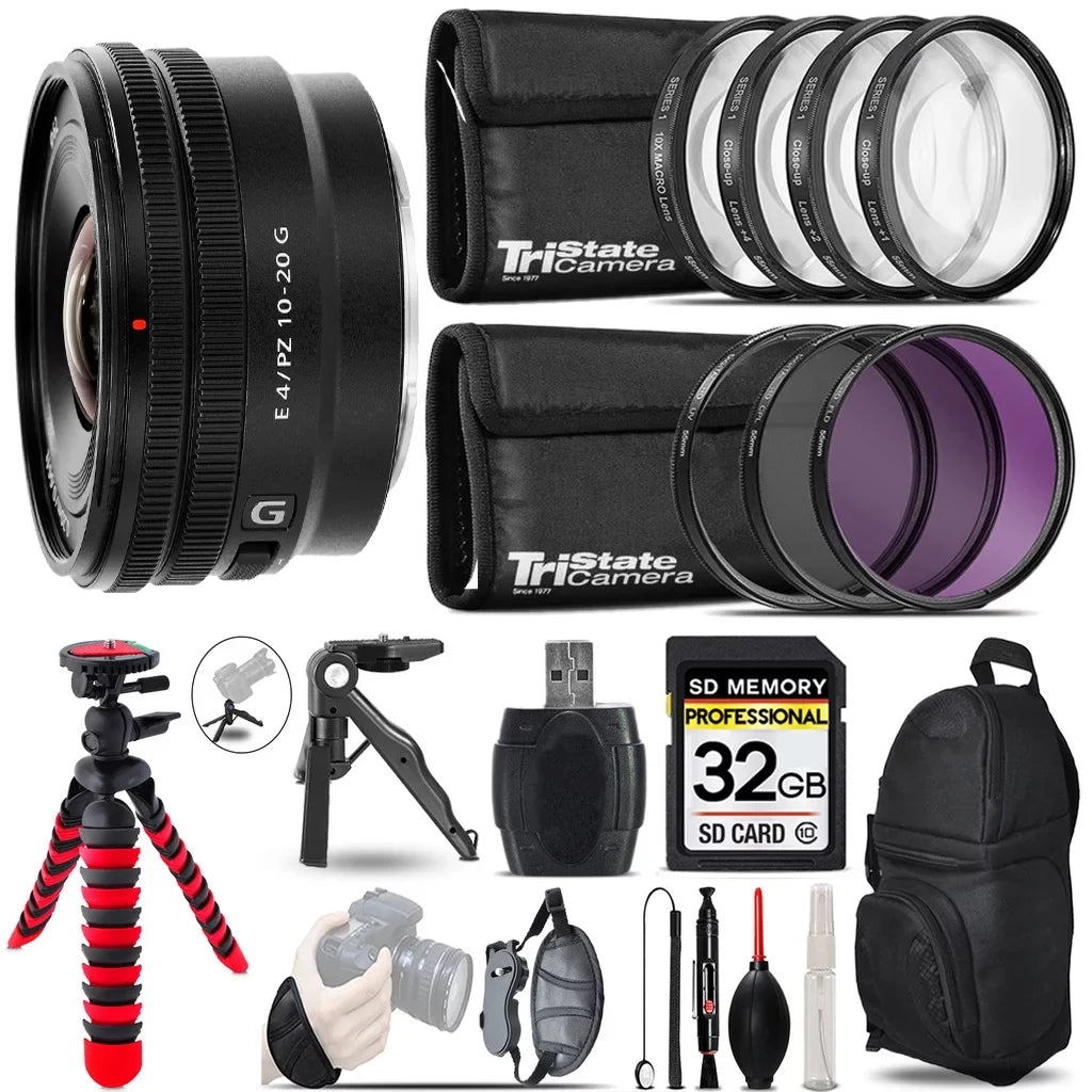 Sizeony E 10-20mm f/4 PZ G Lens + MACRO, UV-CPL-FLD Filter - 32GB Accessory Kit