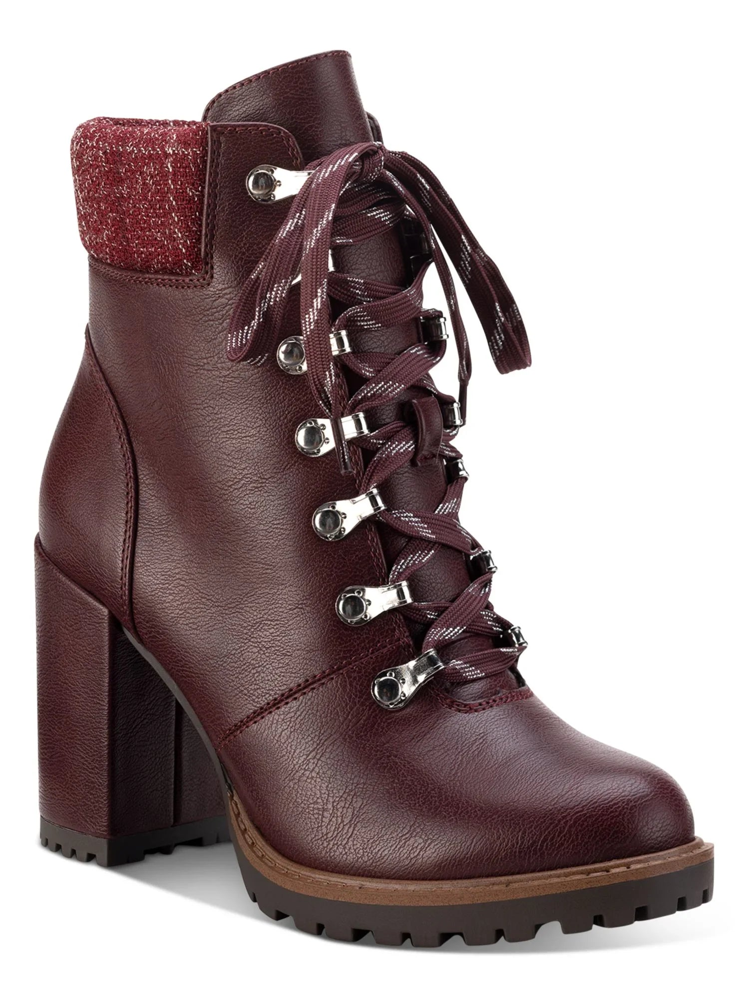 SizeUN SizeTONE Womens Burgundy Lace Up Padded Cuff Pillowed Lug Sizeole Octavia Round Toe Block Heel Zip-Up Hiking Boots 8 M