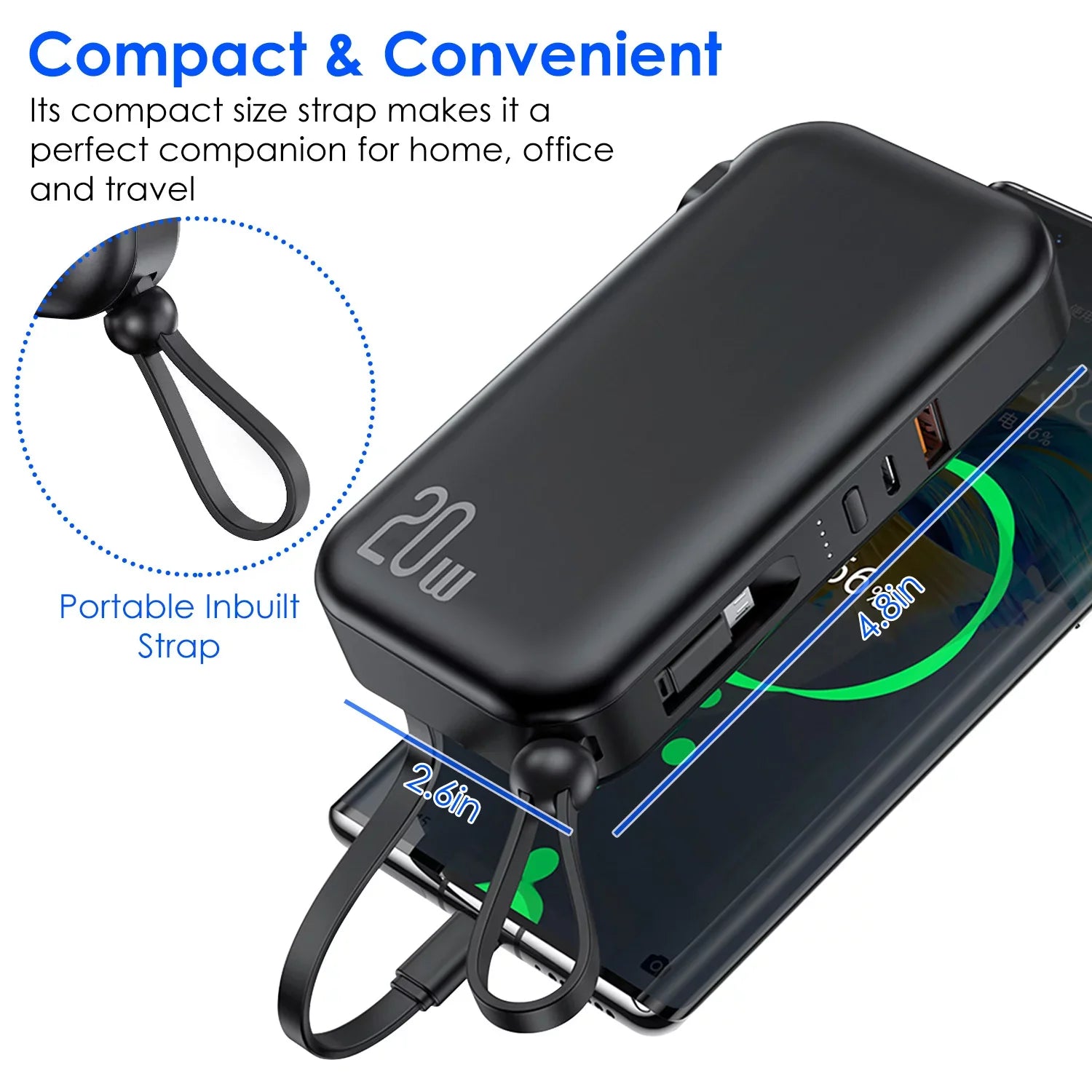 10000mAh iMounTEK Portable Charger 3 Inbuilt CablesType-C/LT/Micro-USizeB PD20W QC18W Fast Charging 5 Outputs External Battery Pack Fit For IOSizePhone 14 Android