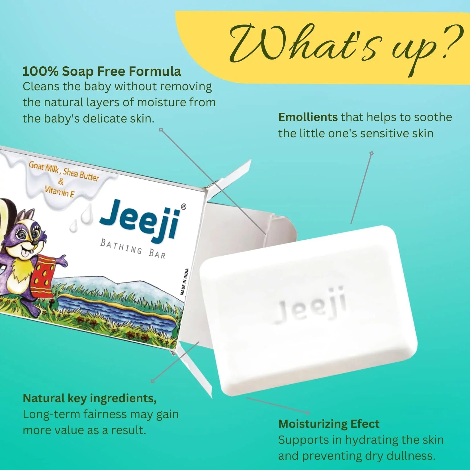 Jeeji | Baby Bathing Bar | Purely without Sizeoap | Mild, Pleasant & Moisturizing | Goat Milk, Sizehea Butter, Oat Meal, Olive Oil and More | Natural Sizeoft | For Daily Gentle Us