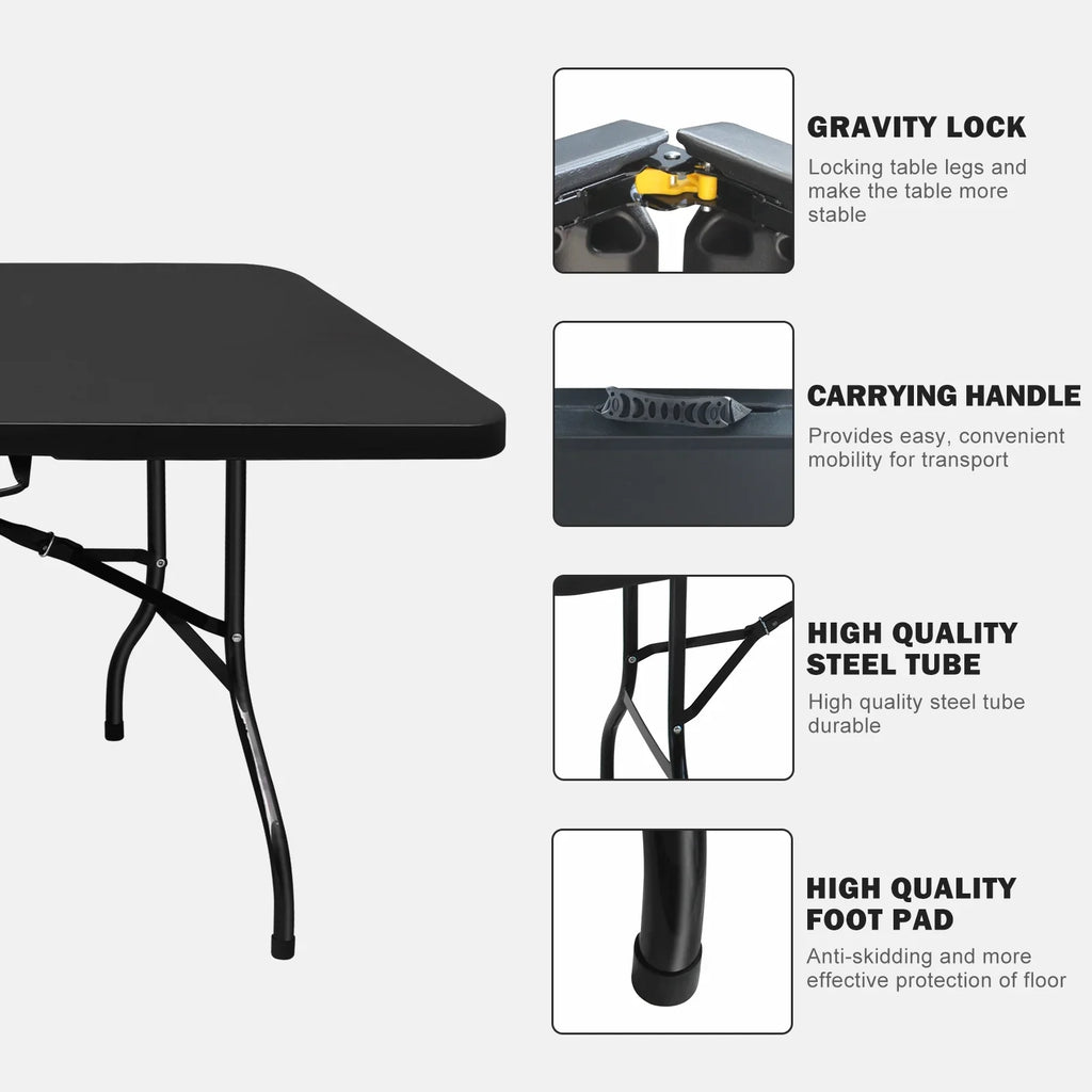 Al Fresco 8ft Portable Folding Table Plastic Indoor Outdoor Picnic Party Camp Dining Table with Handle, Black