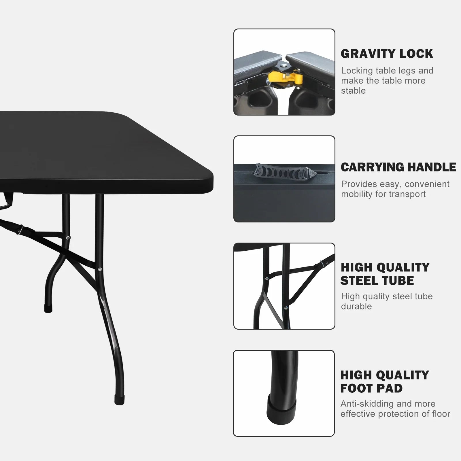 Al Fresco 8ft Portable Folding Table Plastic Indoor Outdoor Picnic Party Camp Dining Table with Handle, Black
