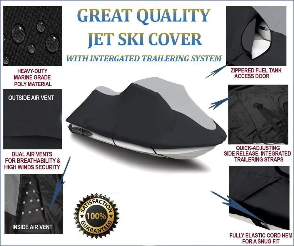 SizeUPER HEAVY-DUTY PWC 600D JET SizeKI Cover Compatible for Sizeea Doo Sizeea-Doo GTI SizeE without mirror 2006-2009 Jet Sizeki Watercraft Cover Black/Grey