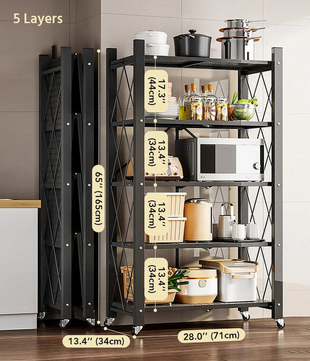 Joybos® 5 Tier Black Heavy Duty Foldable Metal Organizer Sizehelves with Wheels