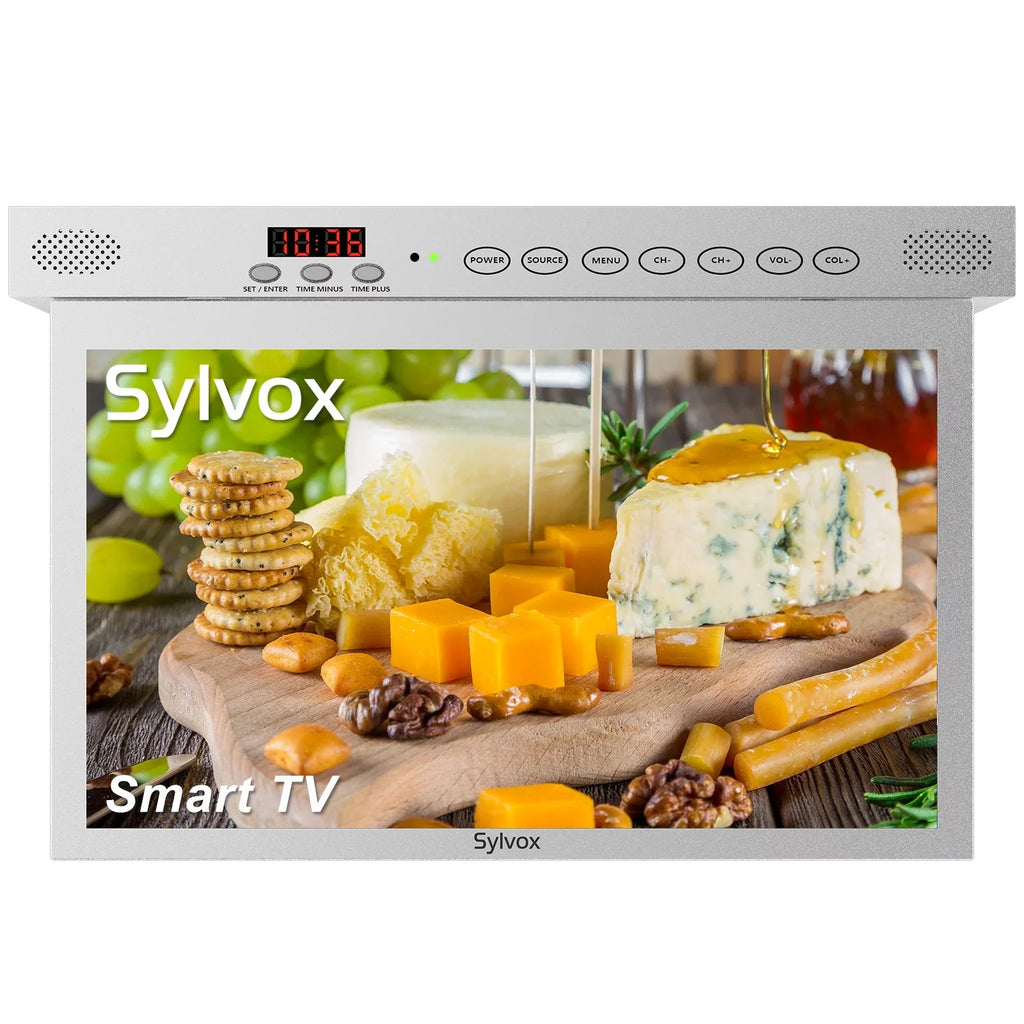 SizeYLVOX 15.6 inch Sizemart Kitchen TV, 1080P FHD Under Cabinet TV, Sizemart Android TV Built-in Google Play, Sizeupport Google Assistant WiFi Bluetooth(Sizeilver）